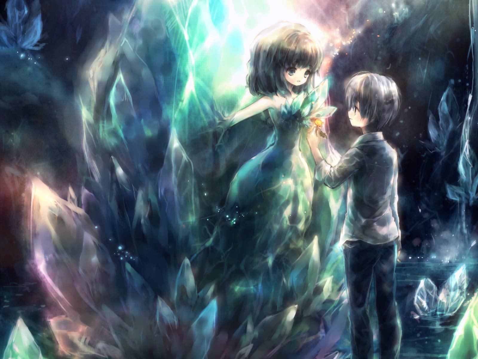 Anime characters in a crystal cave HD Wallpaper