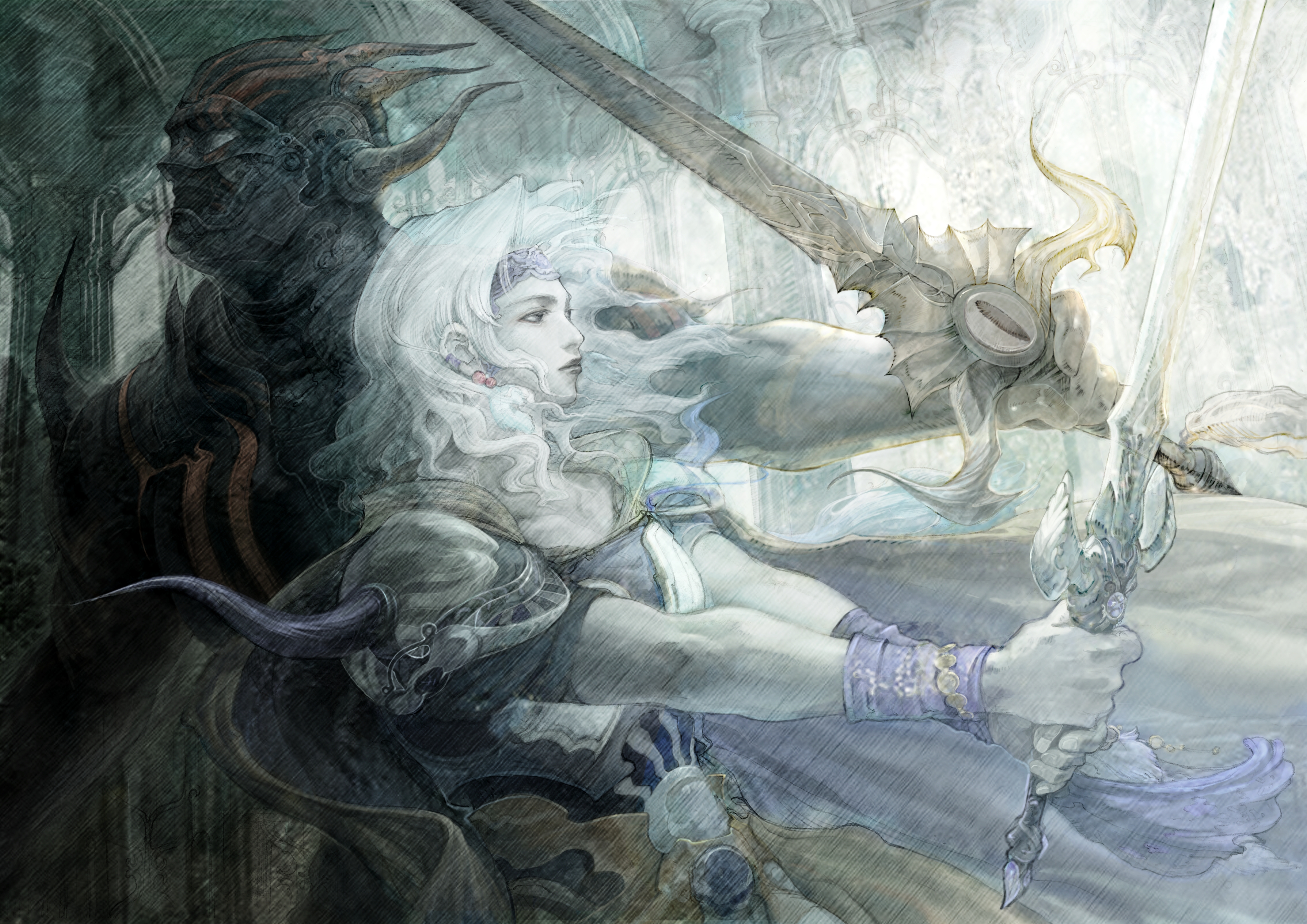 Dark Knight and White-Haired Woman with Swords HD Wallpaper