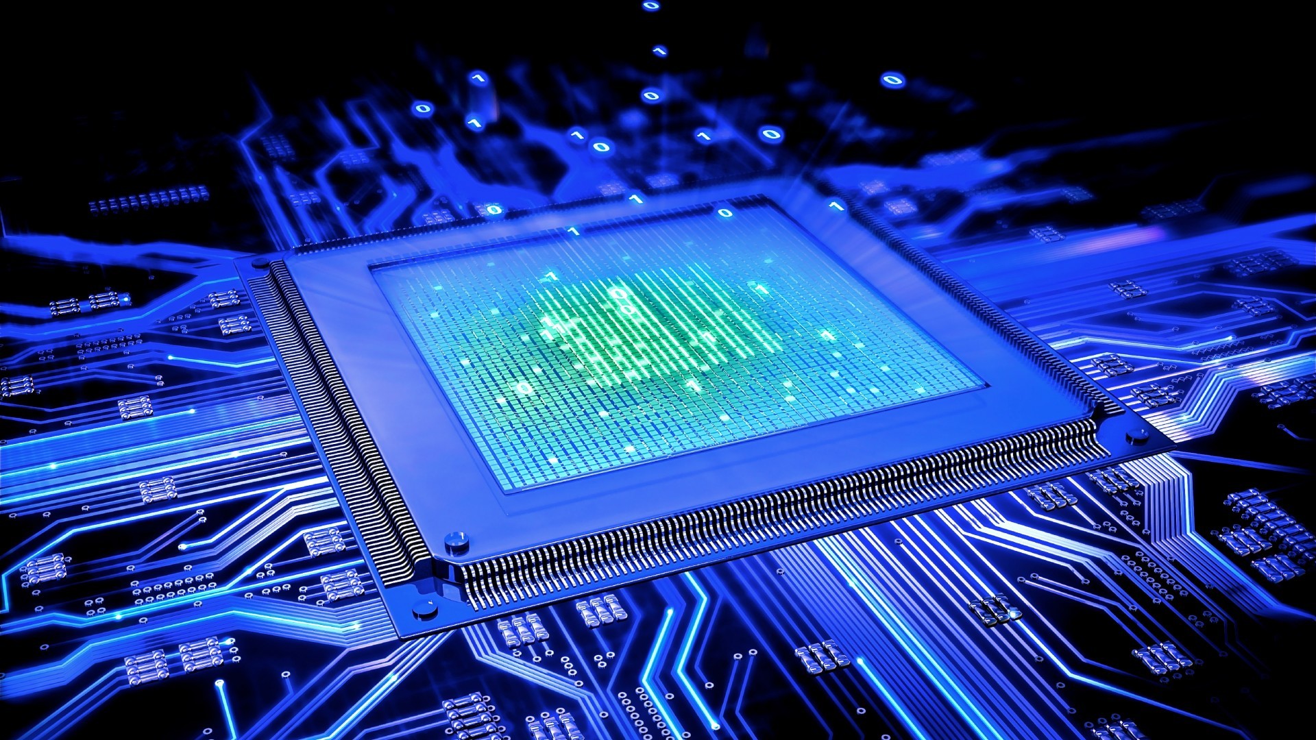 CPU on a blue circuit board with binary code HD Wallpaper