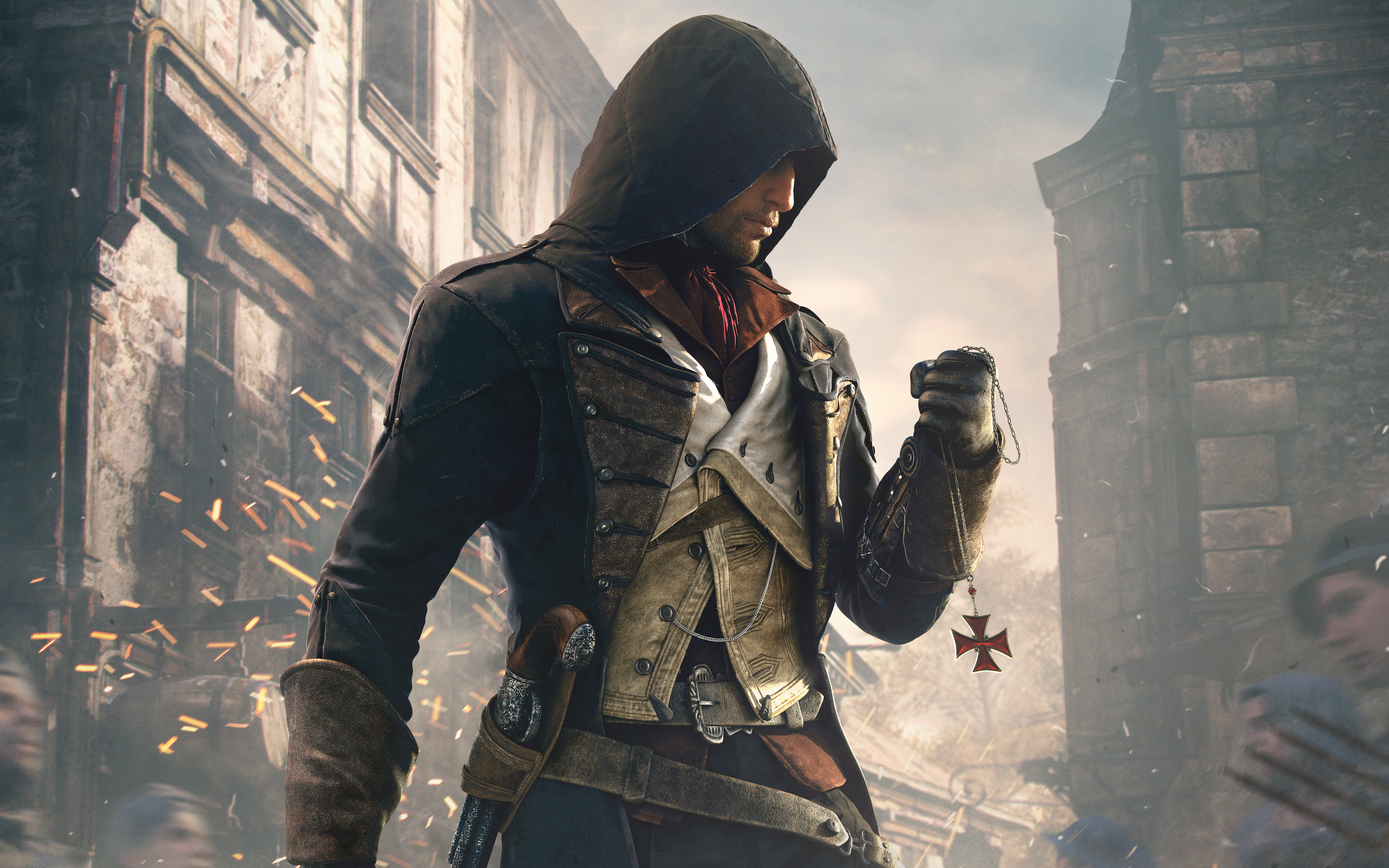Assassin from Assassin's Creed holding a cross necklace HD Wallpaper