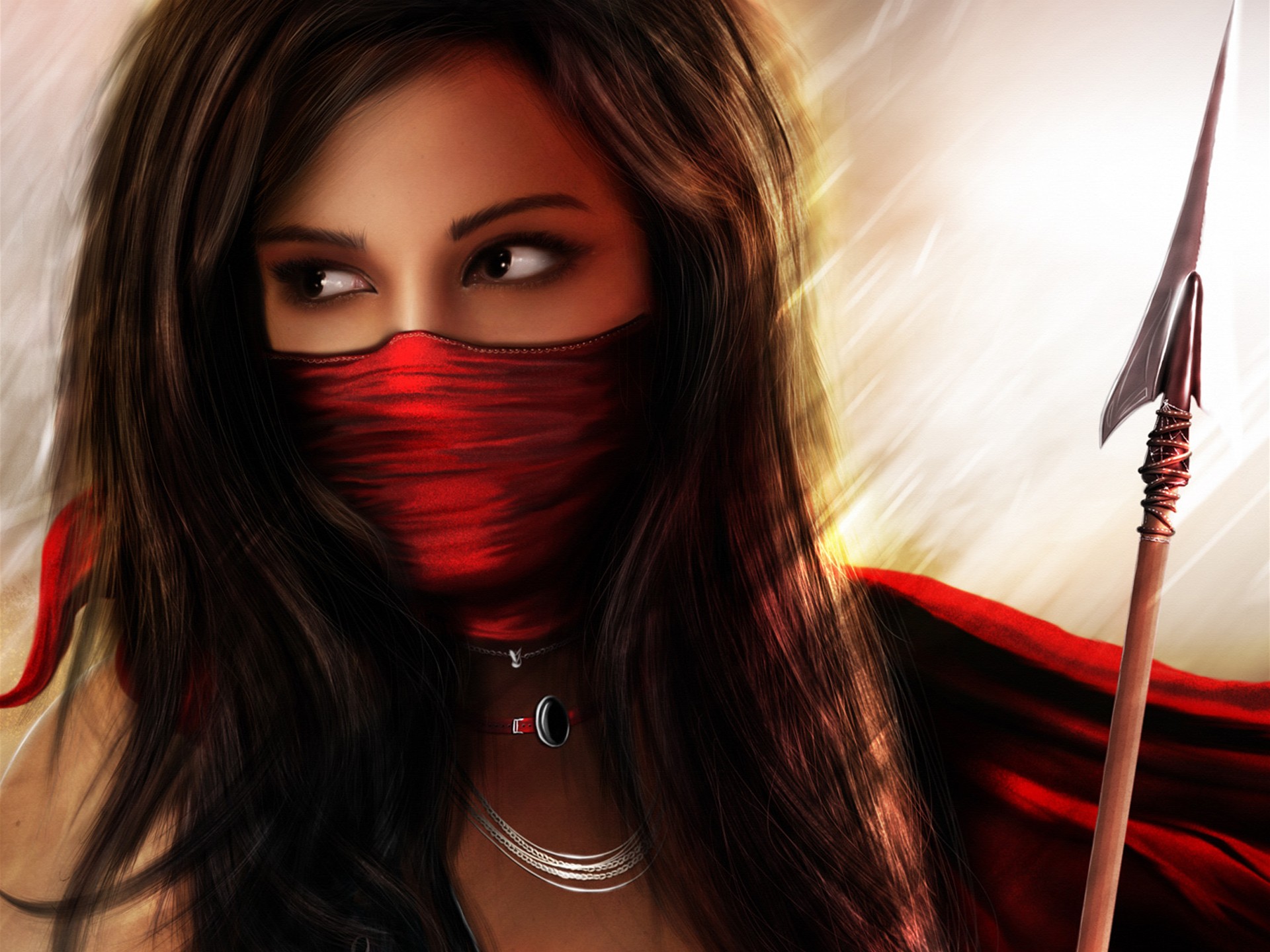 Woman warrior with red mask and spear HD Wallpaper