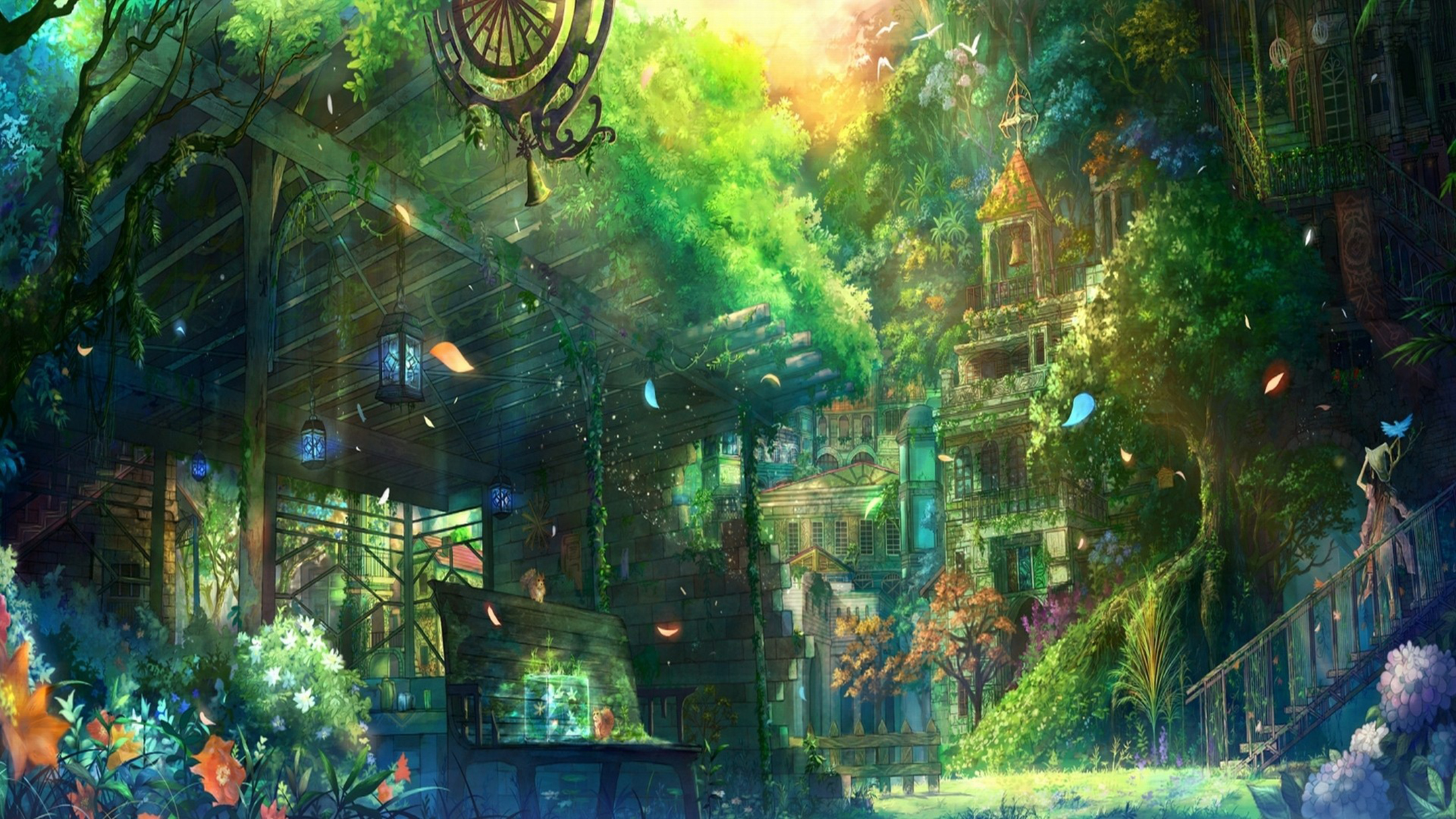Fantasy village with a girl and flowers HD Wallpaper