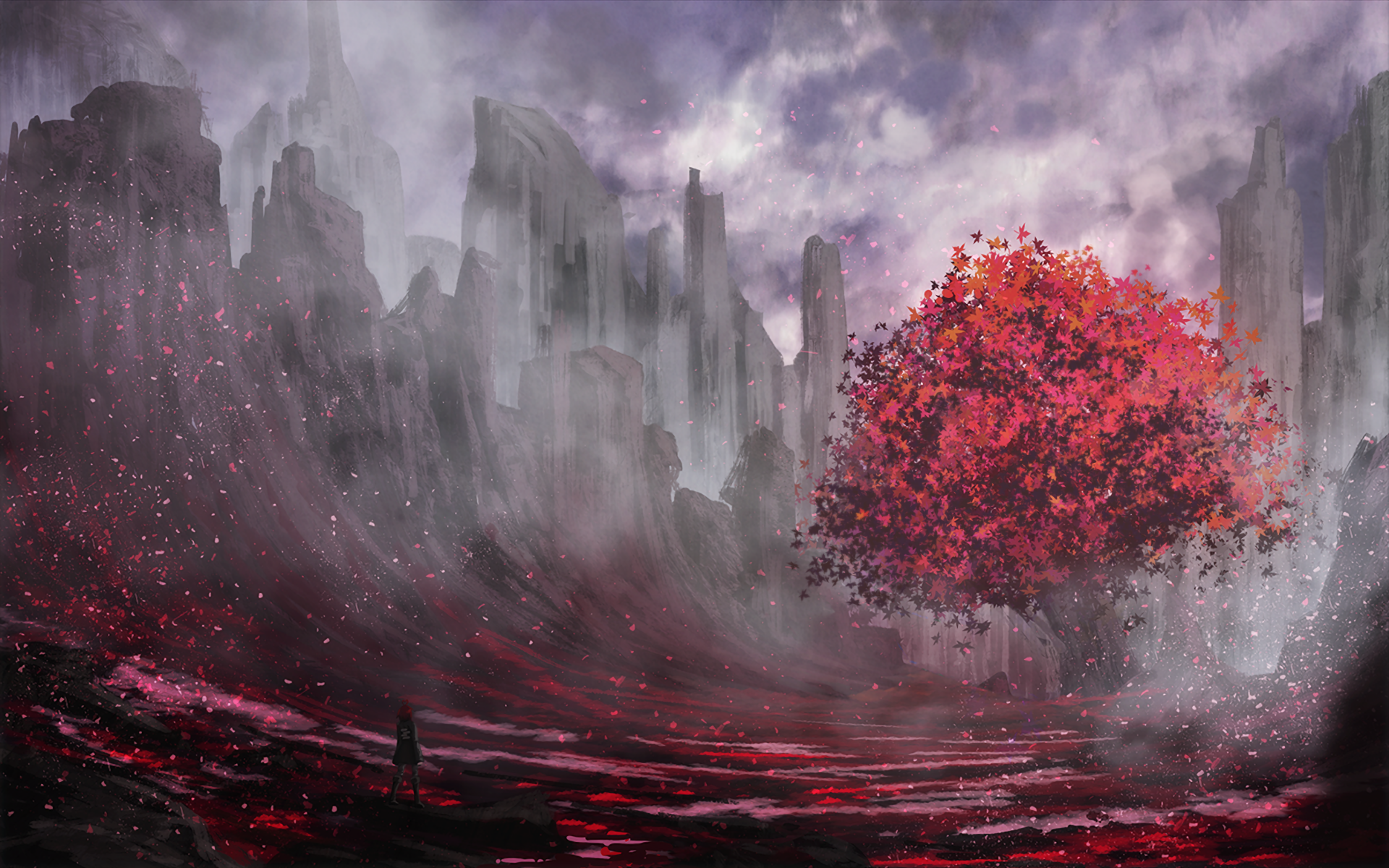 Girl in a surreal landscape with a red tree HD Wallpaper