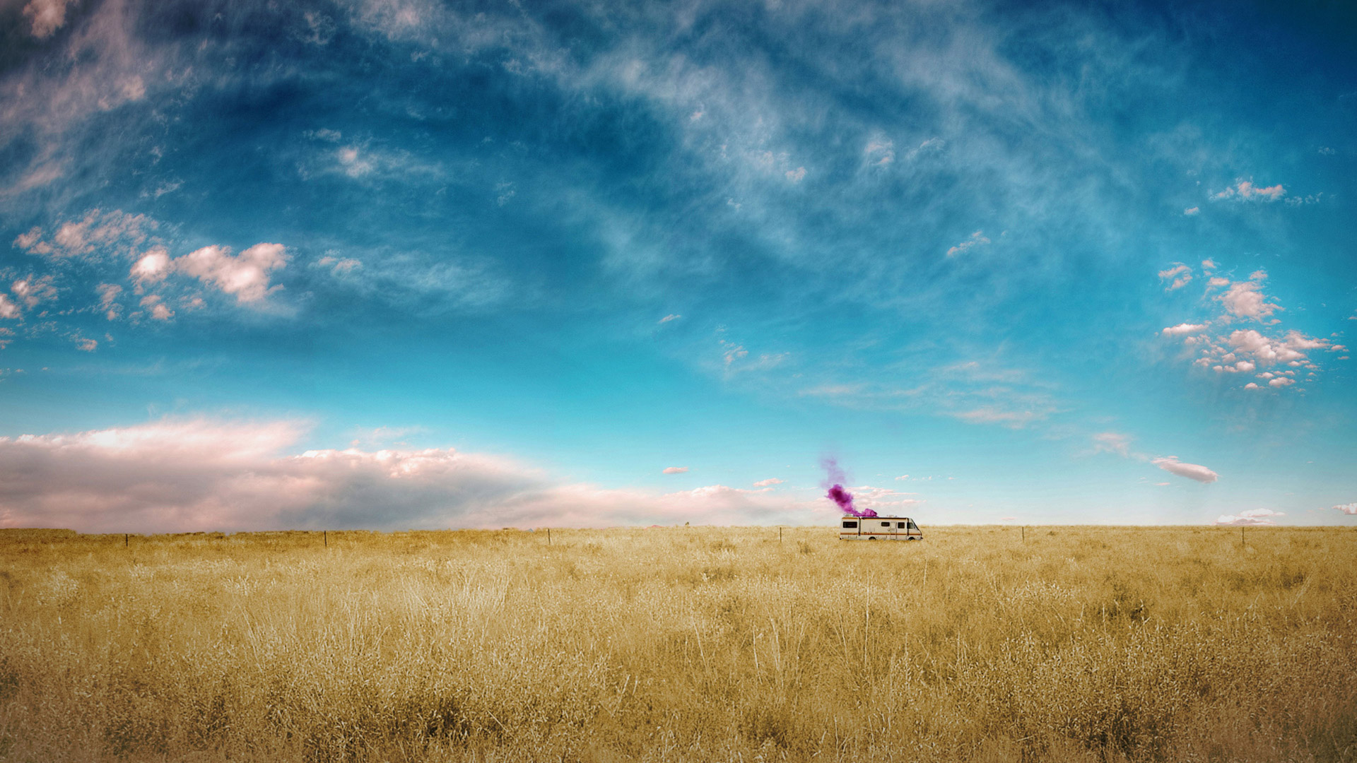 Camper in a field with purple smoke HD Wallpaper