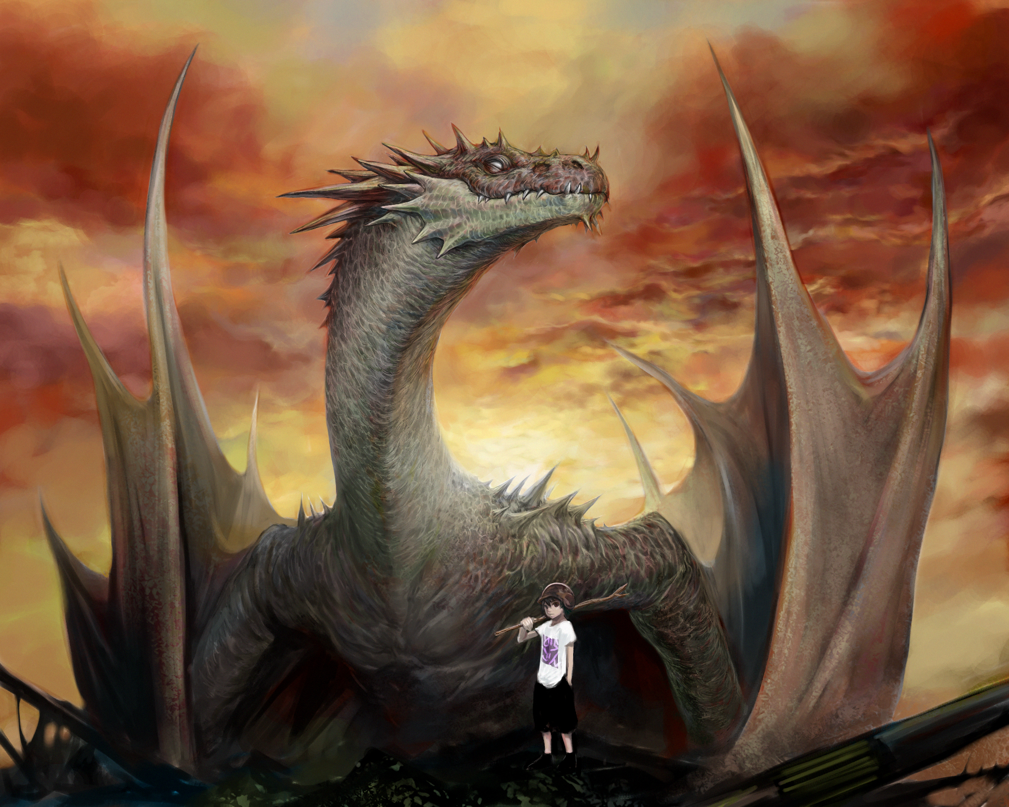 Dragon and a boy in a fantasy landscape HD Wallpaper