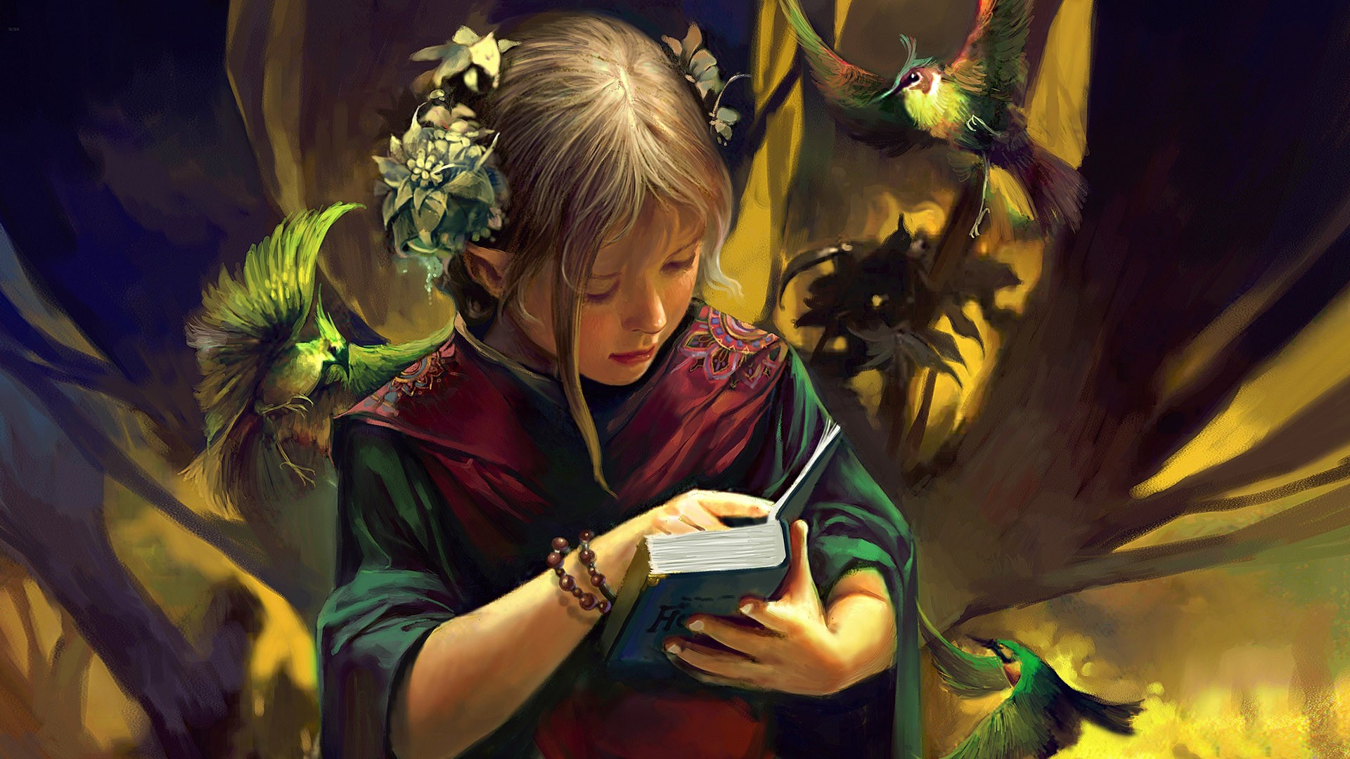 Elf child reading a book with birds HD Wallpaper