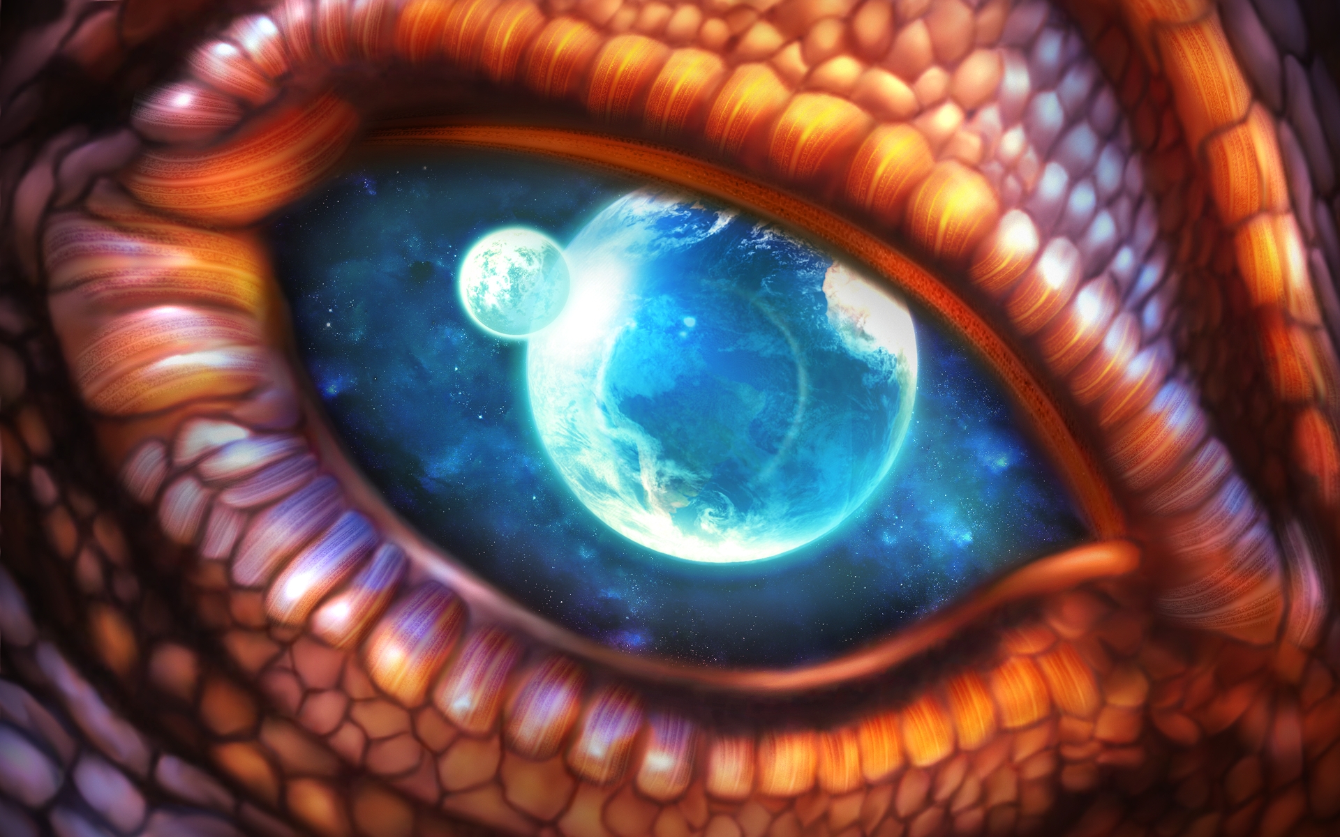 Dragon eye reflecting Earth and Moon HD Wallpaper