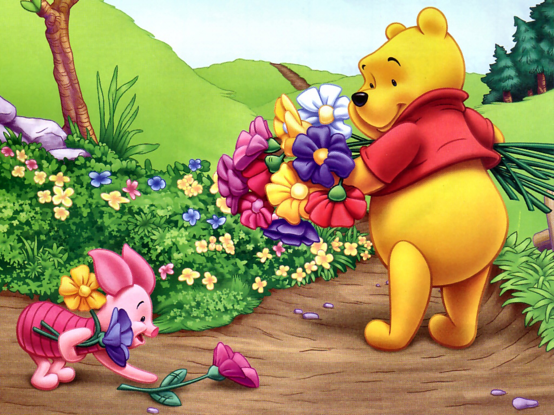 Winnie the Pooh and Piglet with Flowers HD Wallpaper