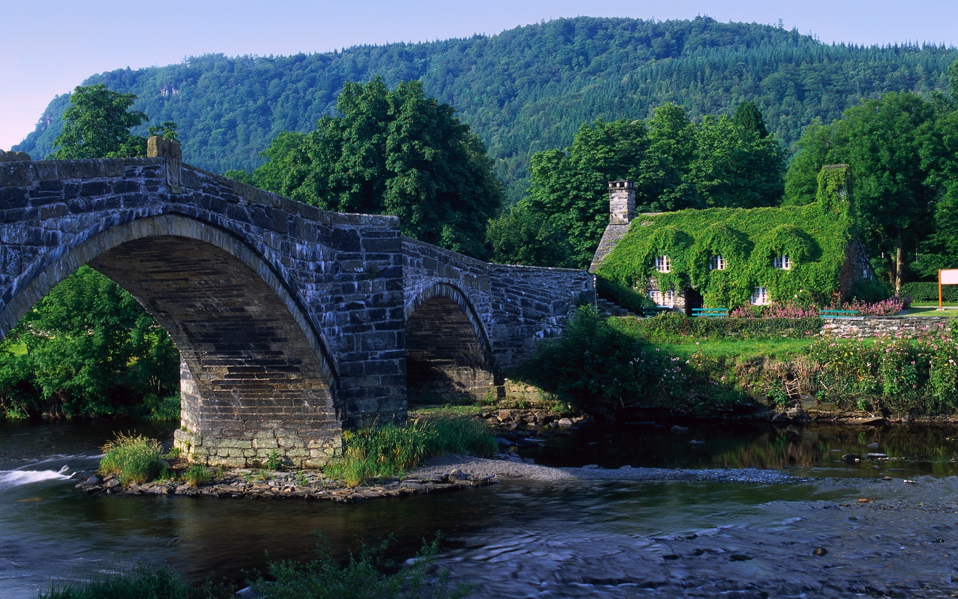 Stone bridge over a river with a cottage covered in ivy HD Wallpaper