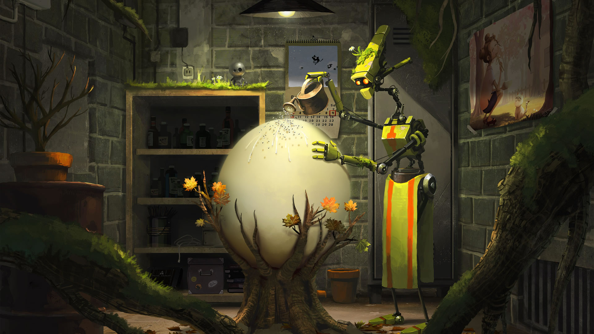 Robot watering a giant egg in a greenhouse HD Wallpaper