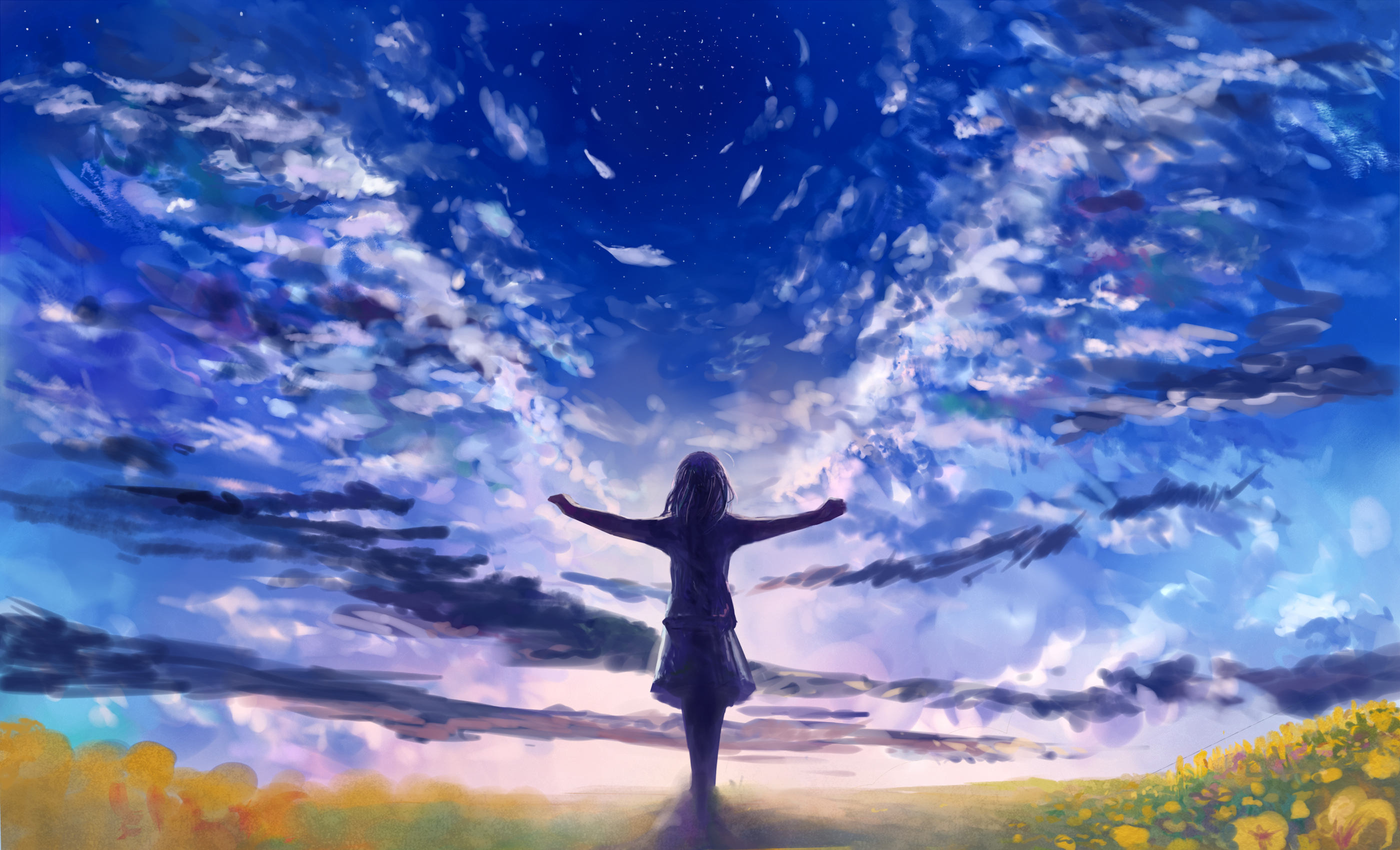 Anime girl with arms outstretched under a cloudy sky HD Wallpaper