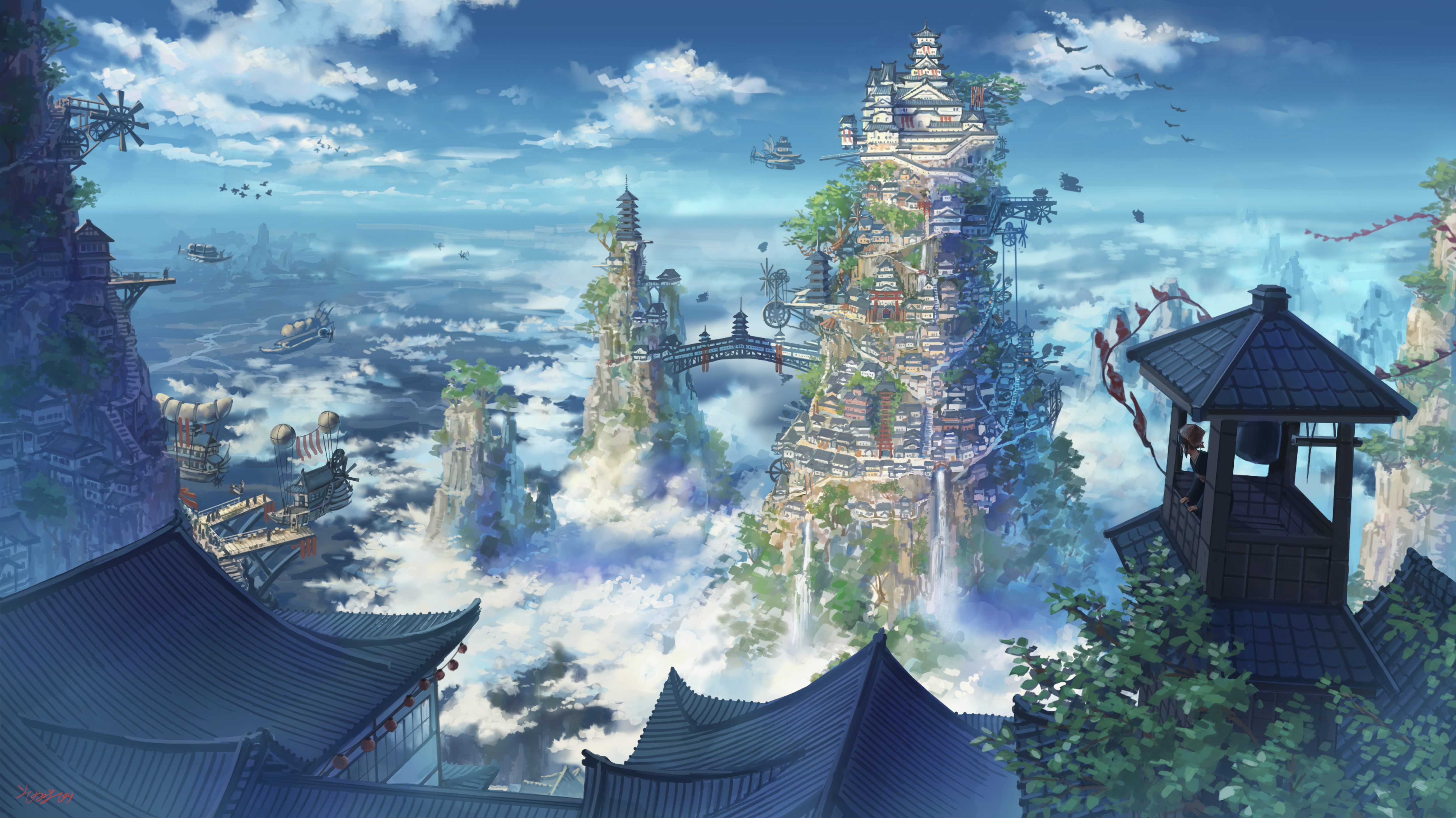 Anime landscape with floating islands and airships HD Wallpaper