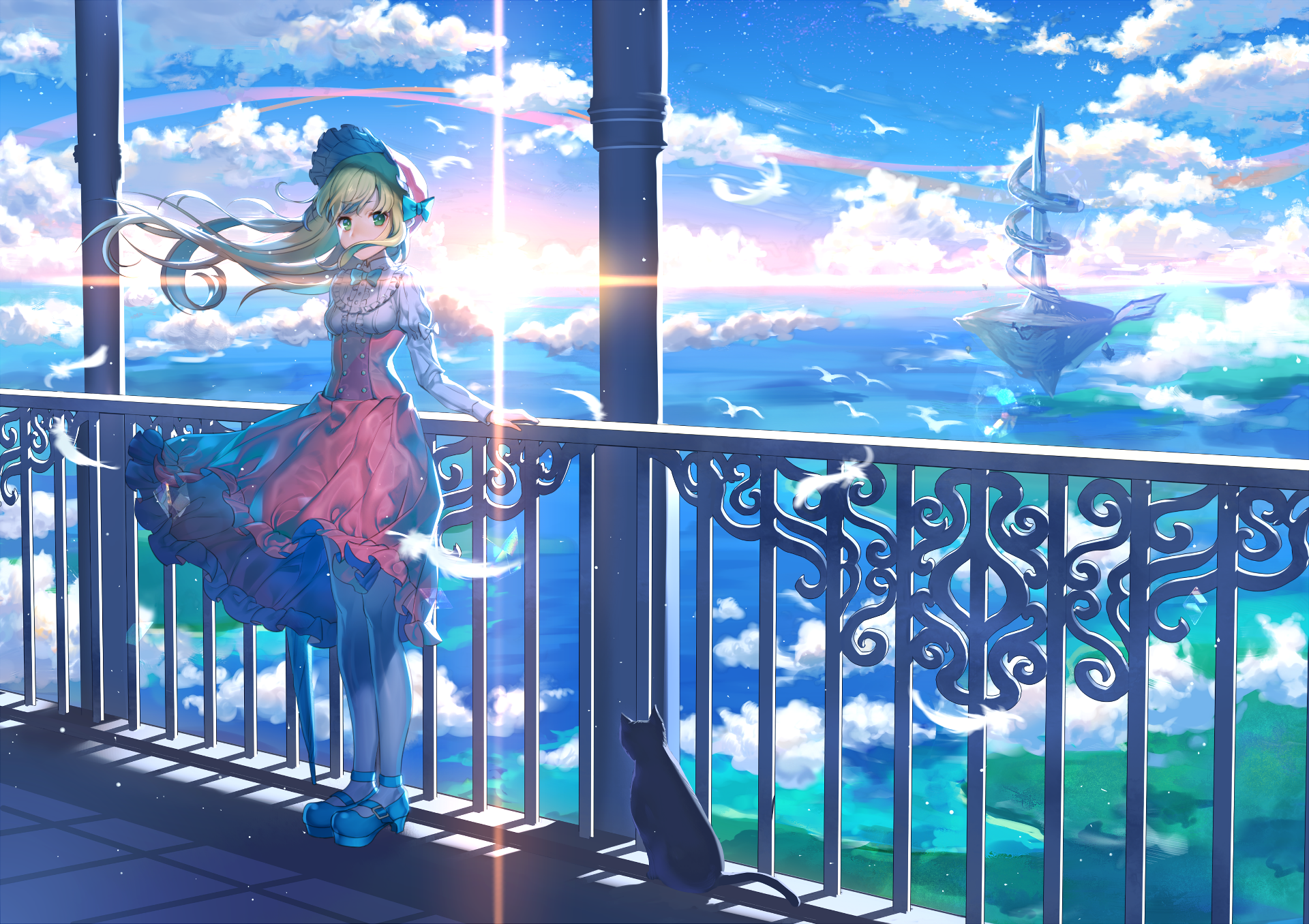 Anime girl with blonde hair and a pink dress on a balcony with a cat HD Wallpaper