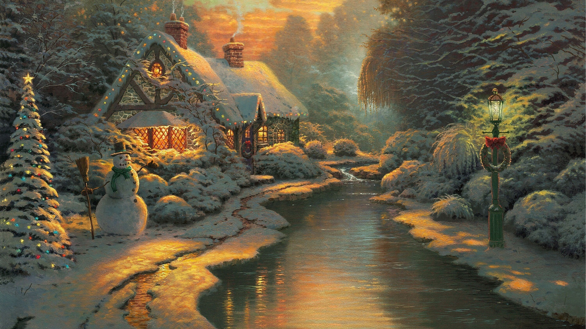 Christmas cottage with snowman and decorated tree HD Wallpaper