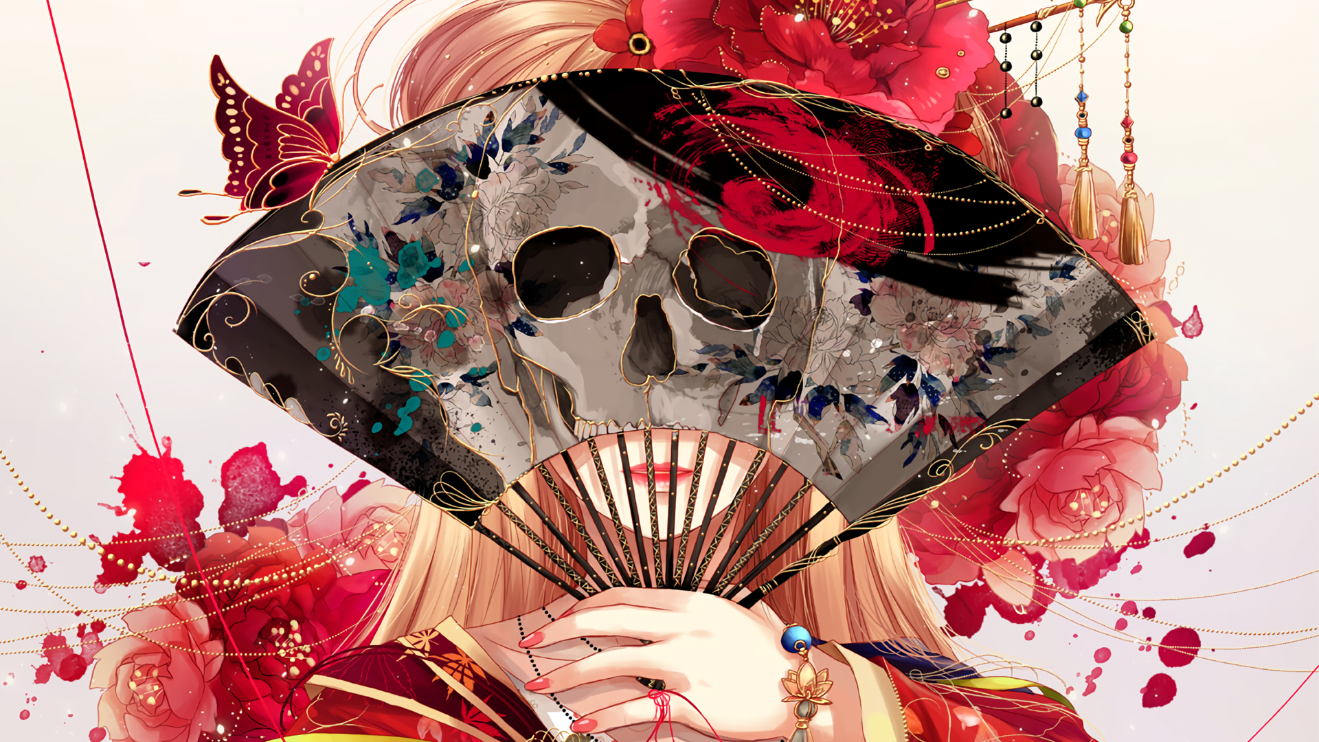 Girl with Skull Fan and Flowers HD Wallpaper