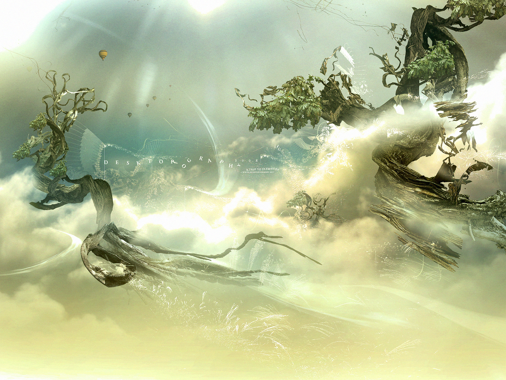 Surreal floating trees and hot air balloons HD Wallpaper