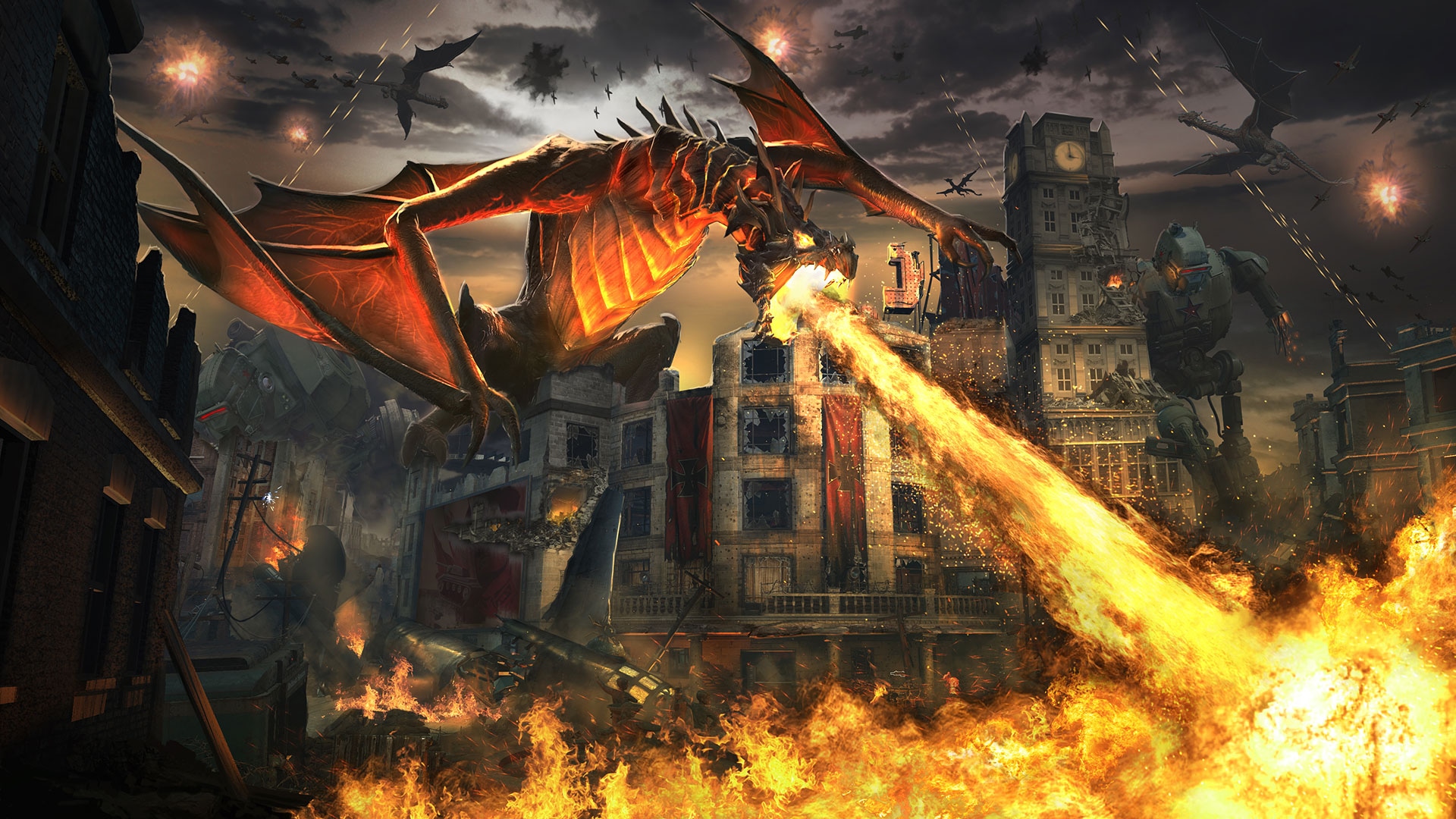 Dragon attacking a city with a robot and planes HD Wallpaper