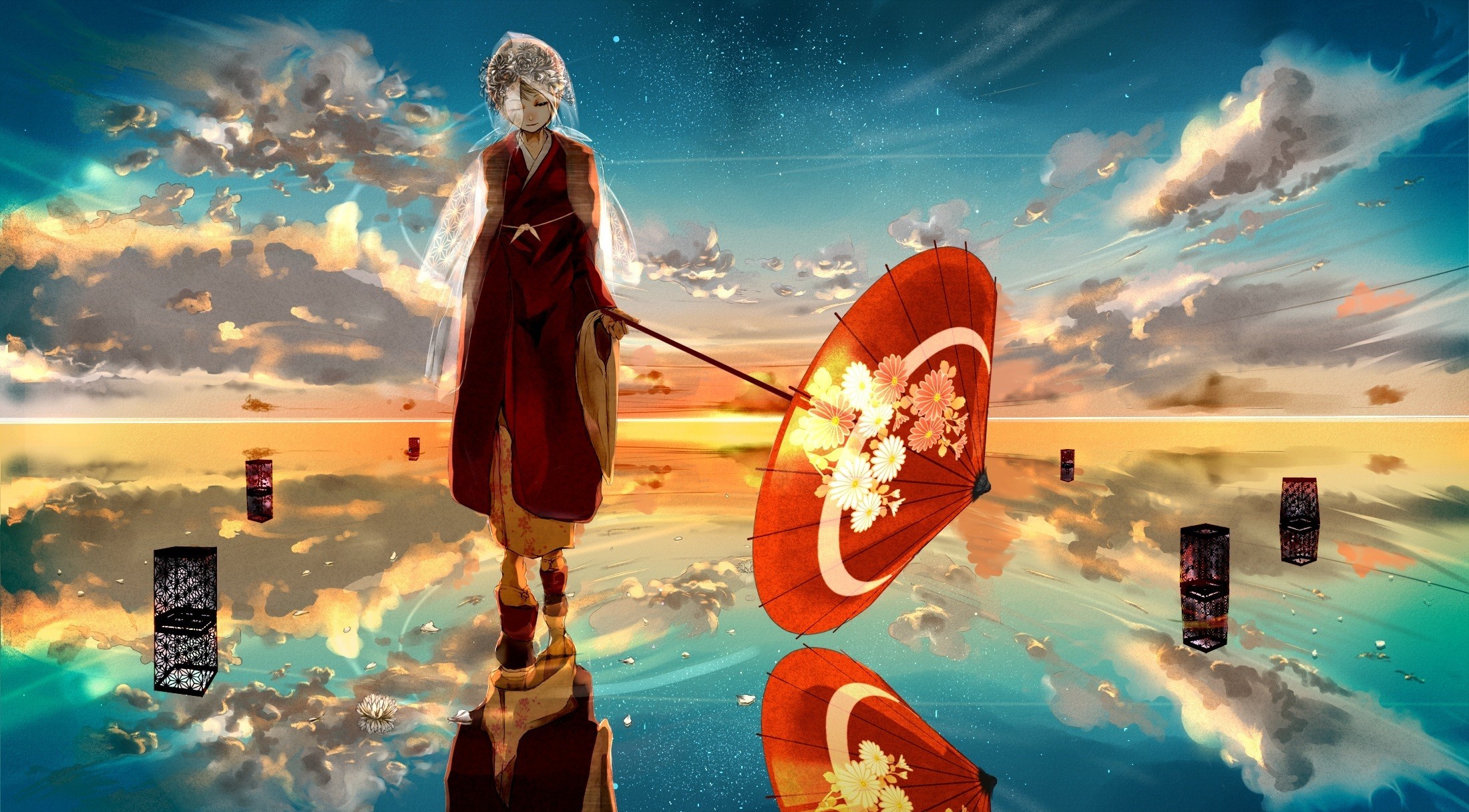 Girl with Umbrella and Lanterns at Sunset HD Wallpaper