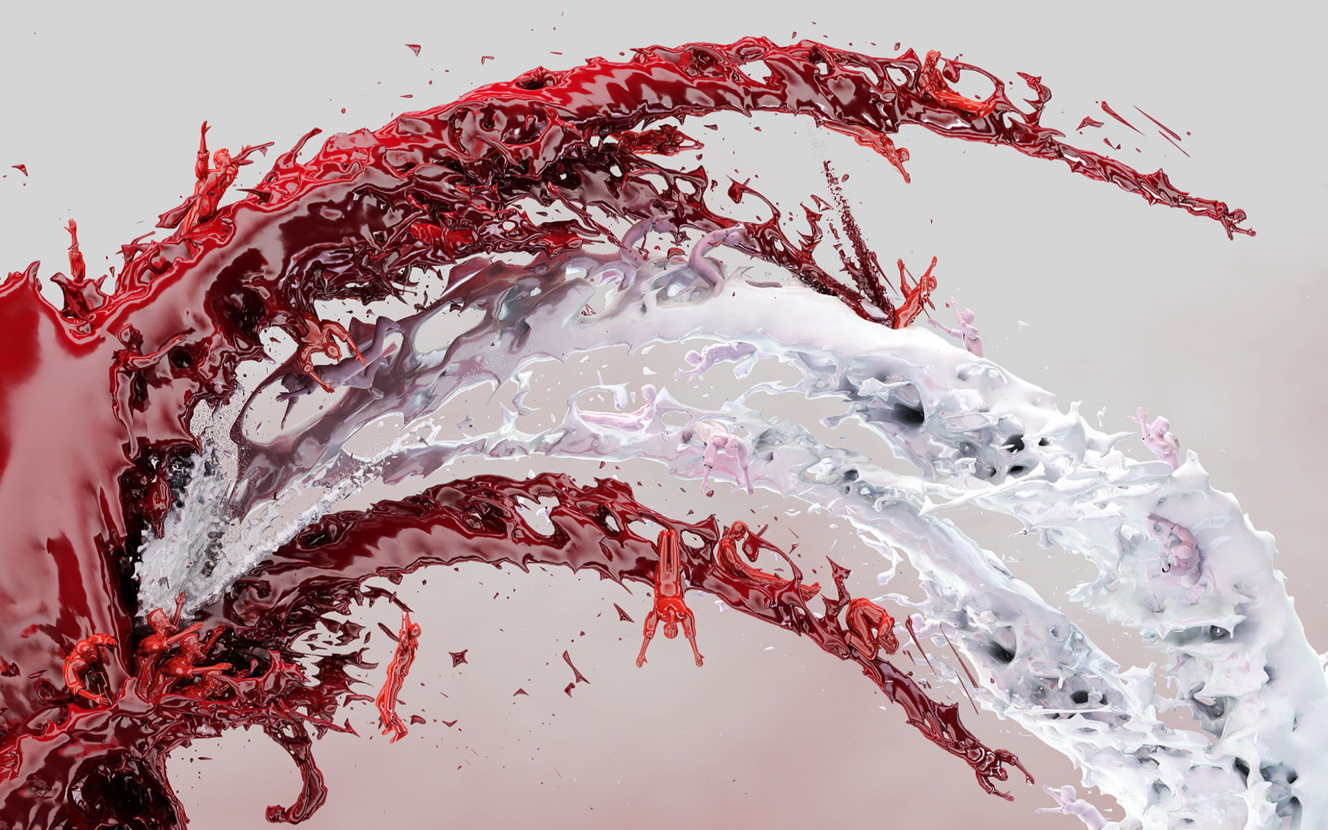 Abstract red and white liquid splash with figures HD Wallpaper
