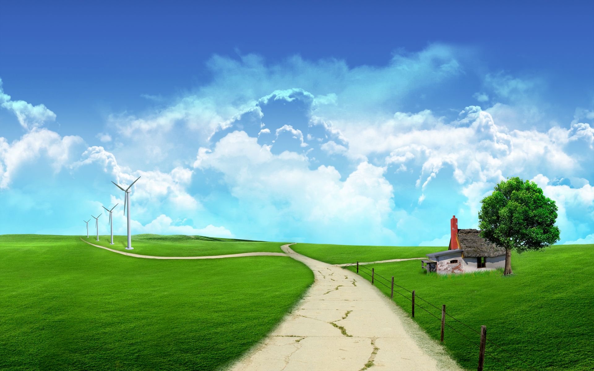 Wind turbines and a house in a green landscape HD Wallpaper