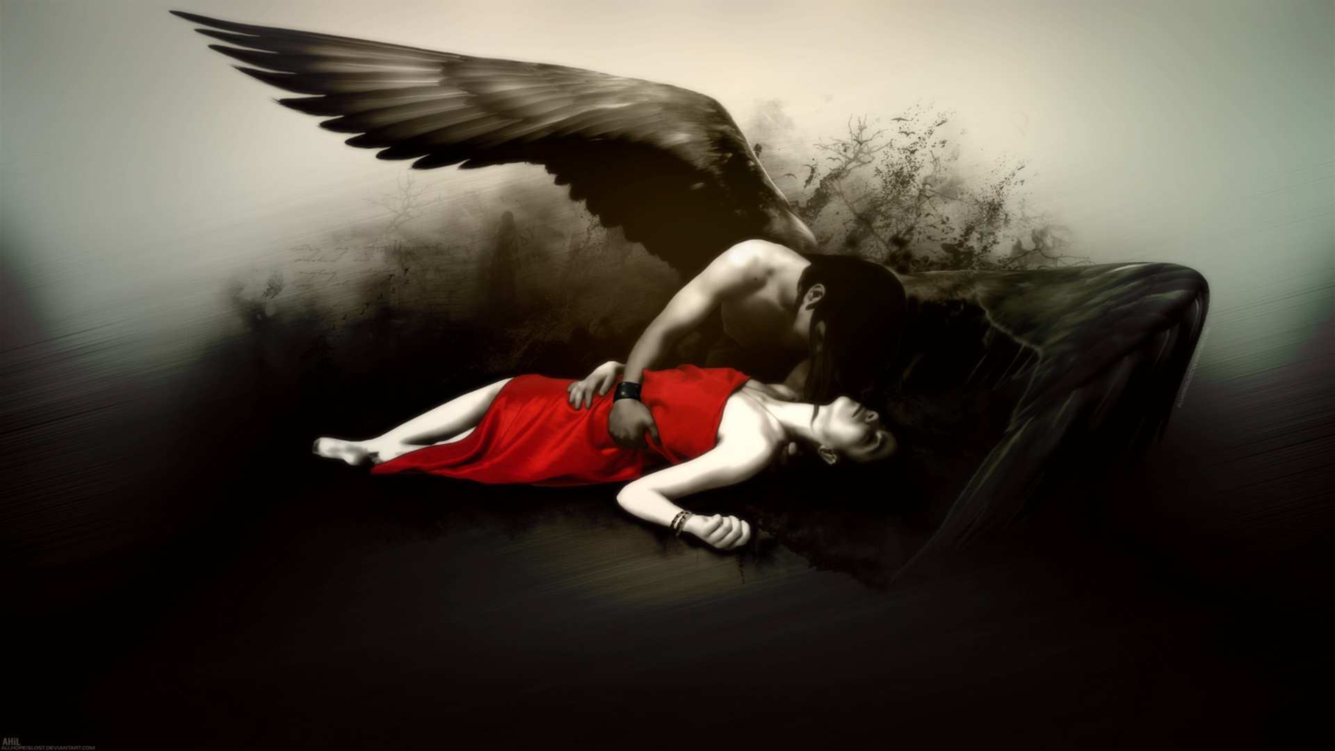 Angel with a woman in red HD Wallpaper