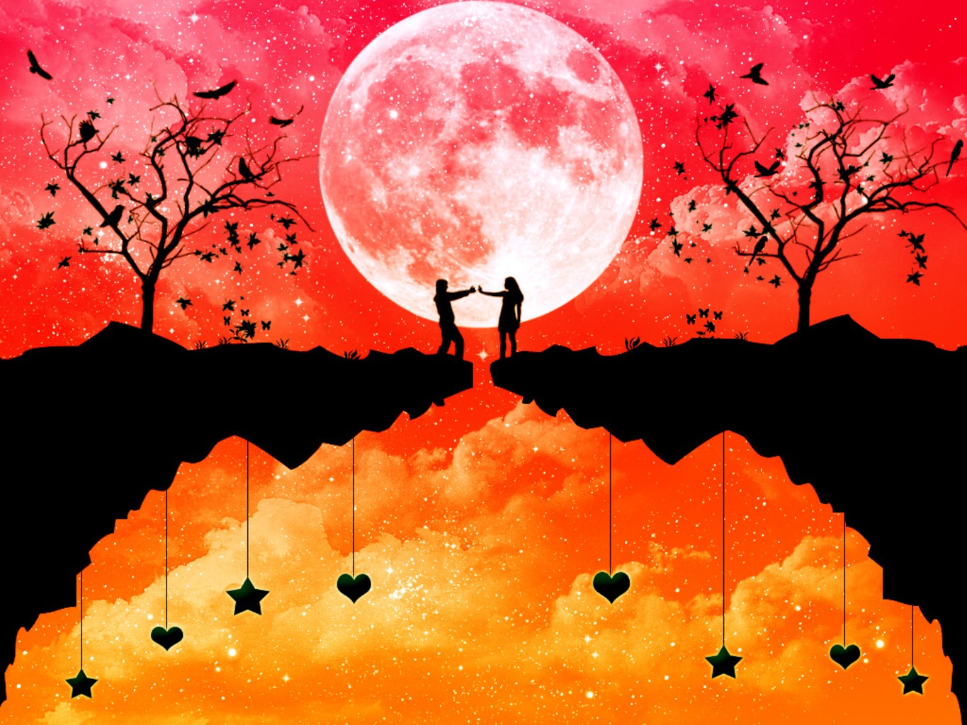 Couple on cliff edge under red moon HD Wallpaper