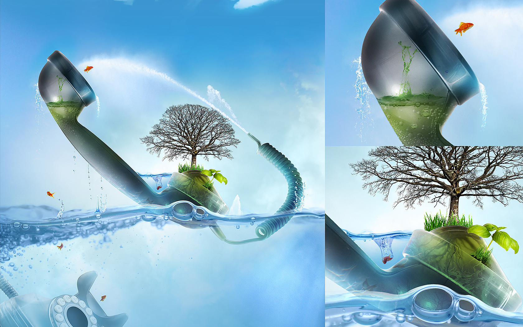 Surreal phone receiver with tree and fish in water HD Wallpaper