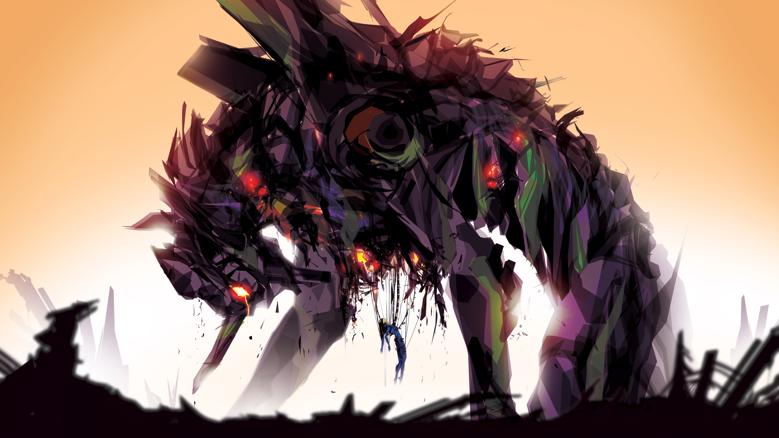 Mecha with a dangling human figure HD Wallpaper