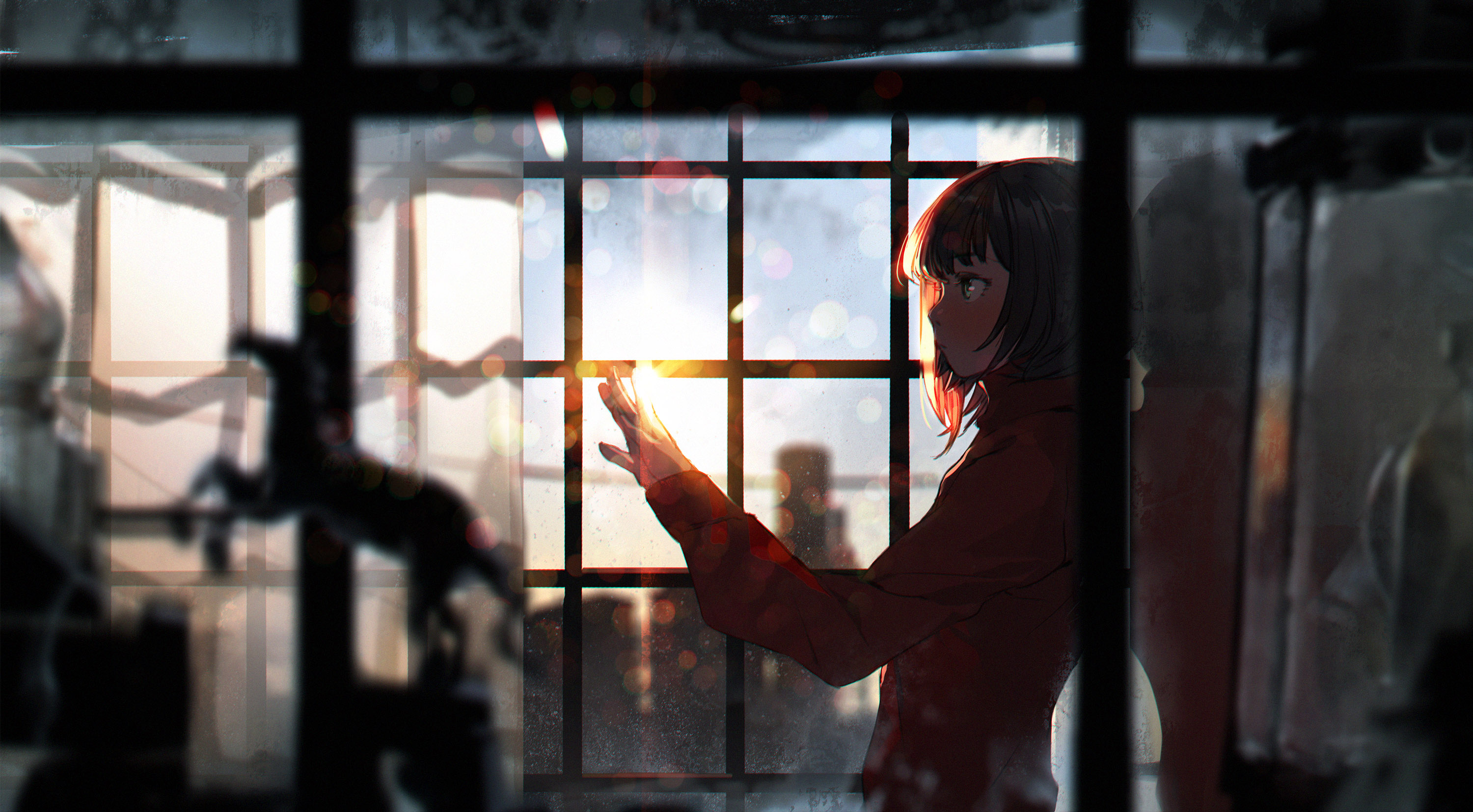 Anime girl reaching for the sun through a window HD Wallpaper
