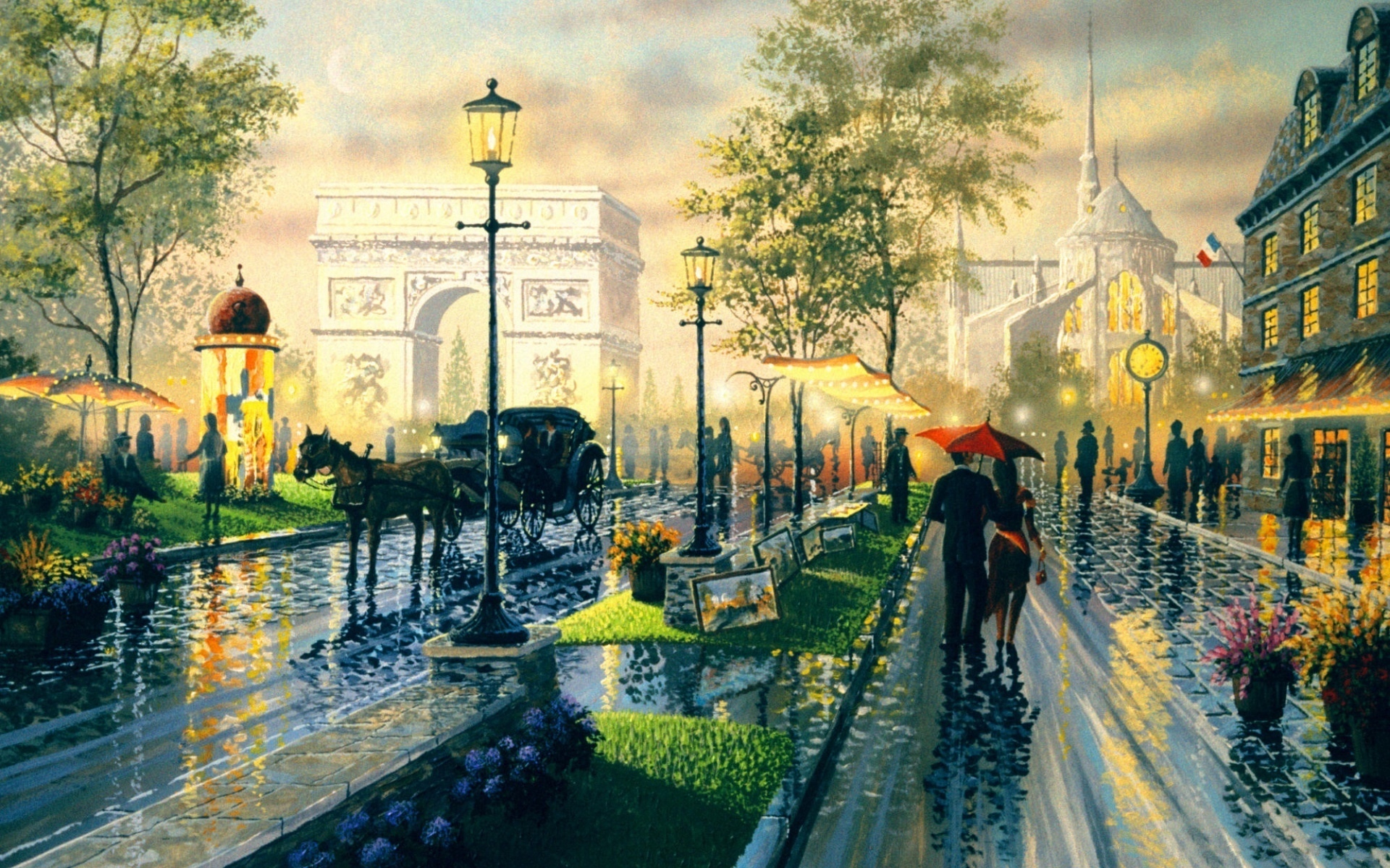 Parisian street scene with Arc de Triomphe and Notre Dame HD Wallpaper