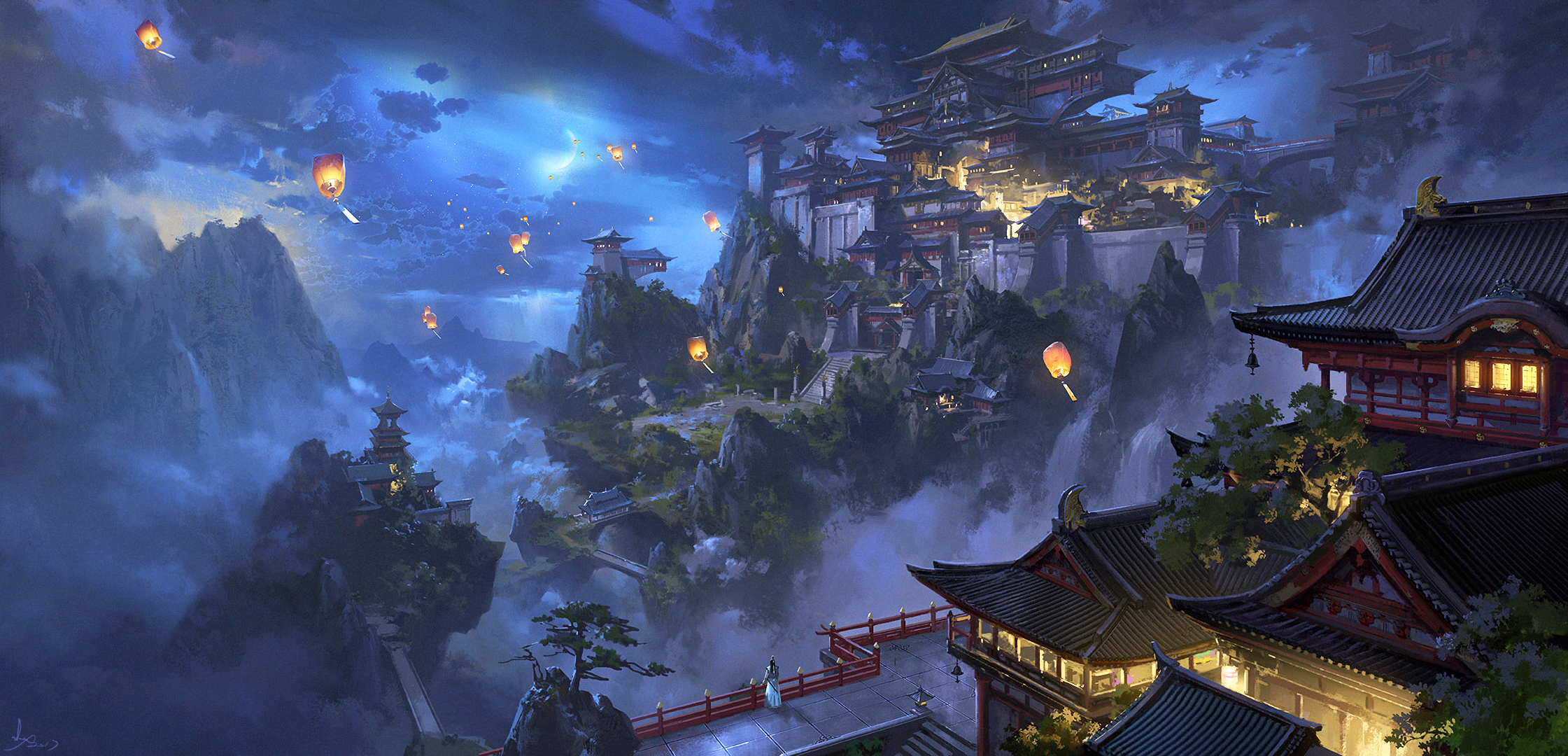 Fantasy Asian mountain city at night with lanterns HD Wallpaper