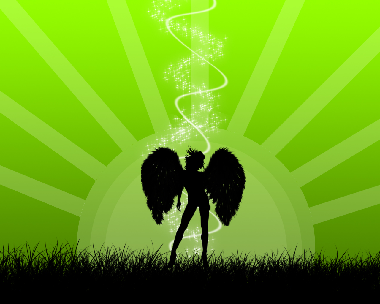 Silhouette of an angel with wings in a green sunburst background HD Wallpaper