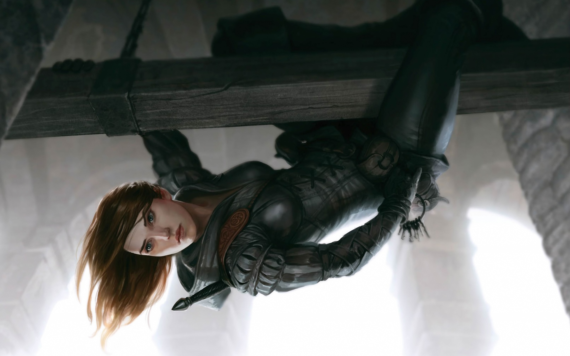 Assassin woman hanging from a wooden beam HD Wallpaper