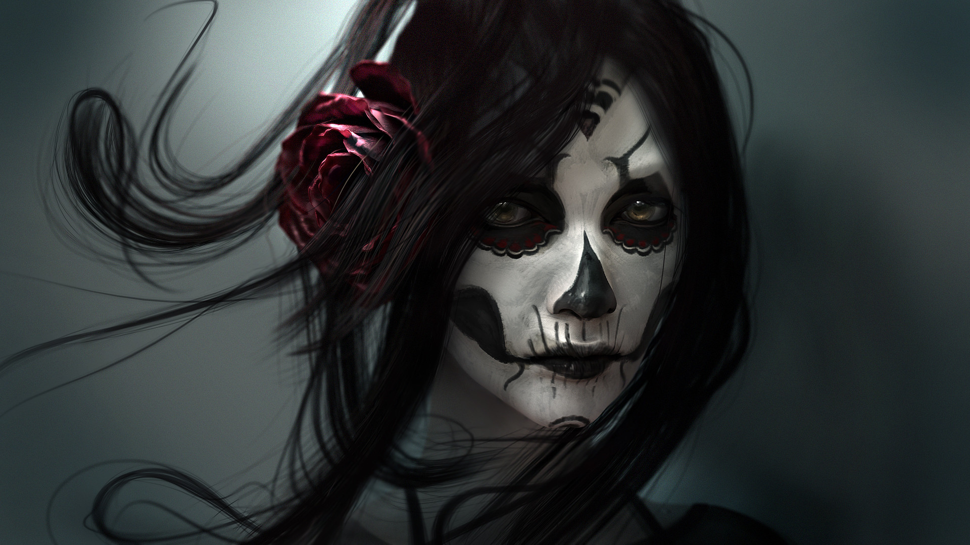 Woman with Sugar Skull face paint and red rose HD Wallpaper