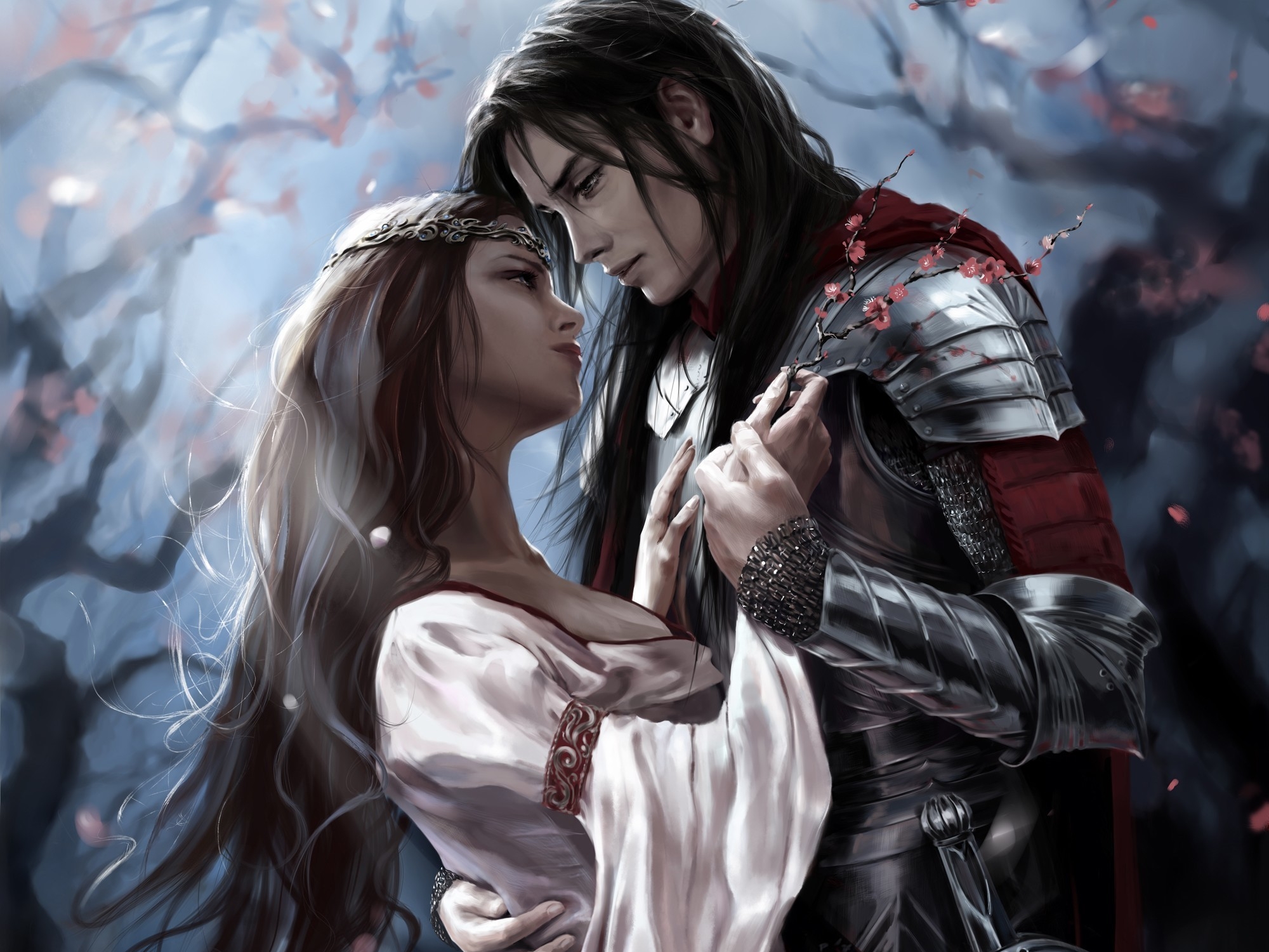 Couple in armor and white dress with flowers HD Wallpaper