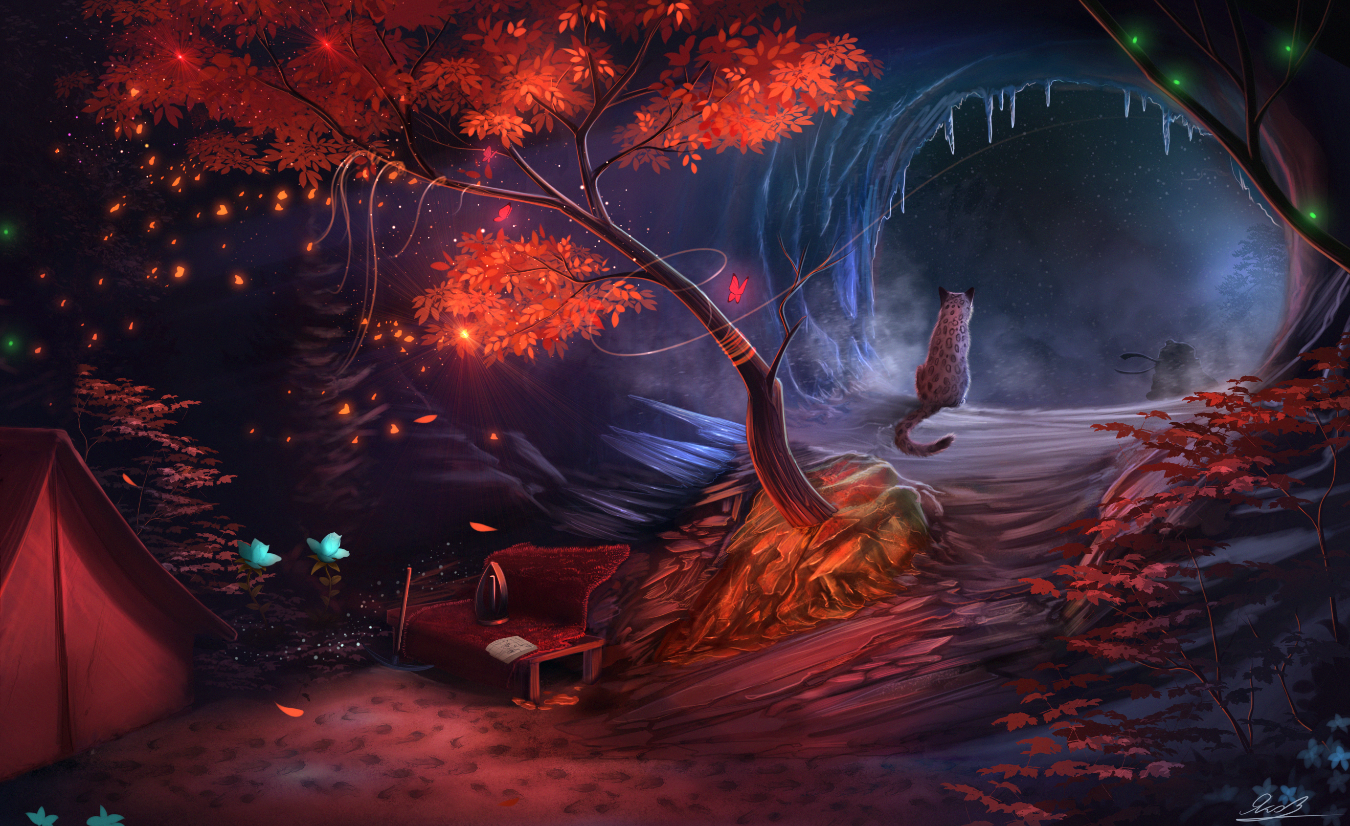 Snow leopard in a magical cave with a tent and tree HD Wallpaper