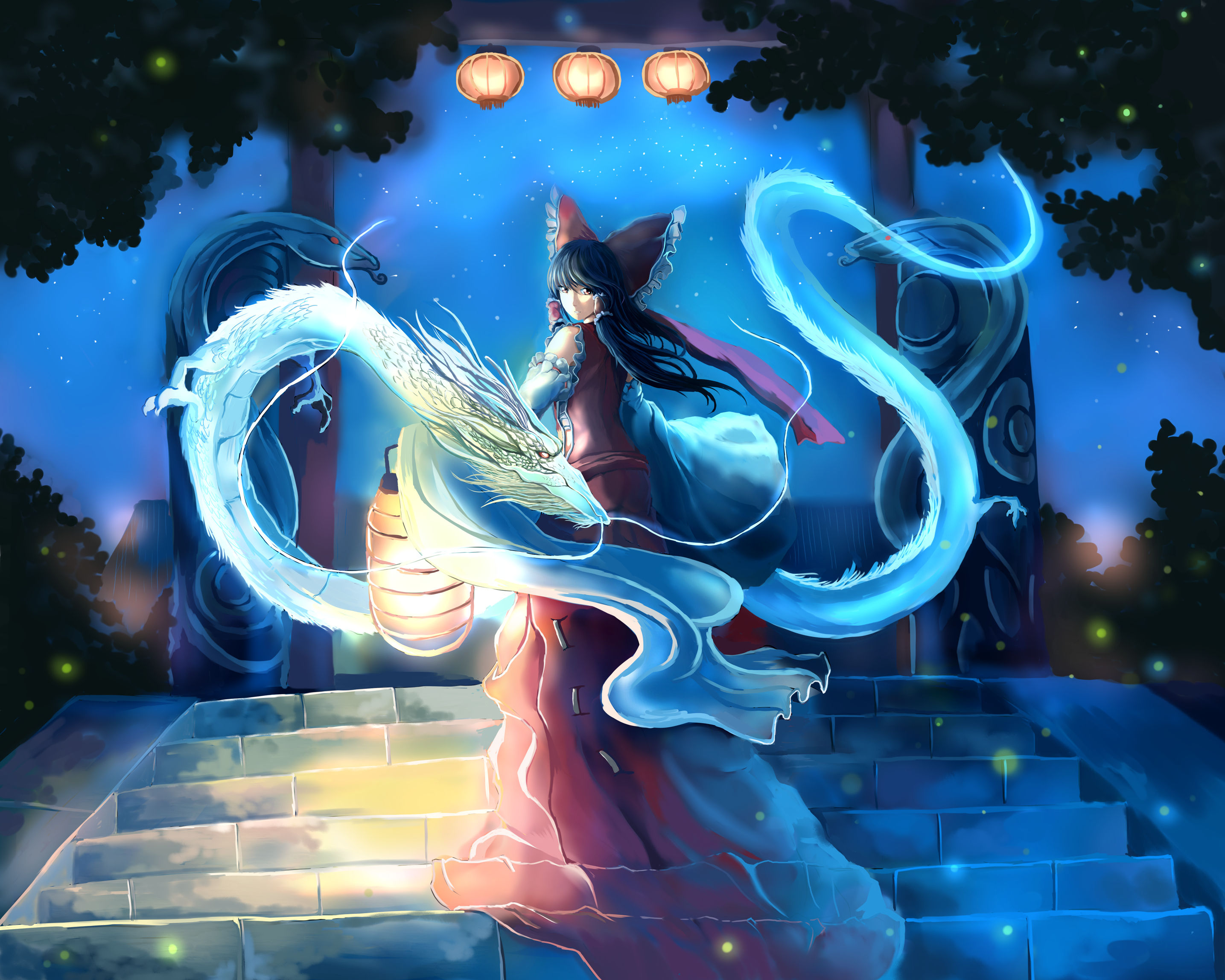 Reimu Hakurei with a dragon and lanterns HD Wallpaper