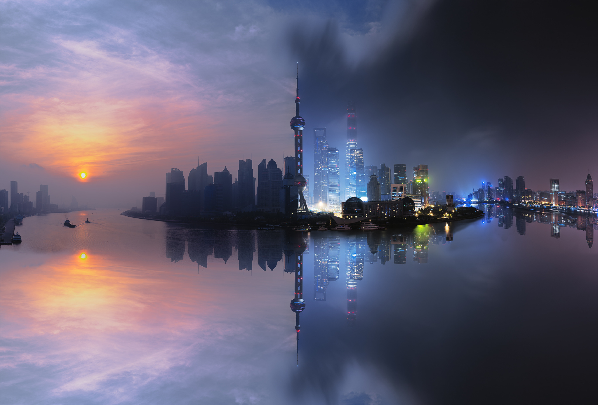 Shanghai skyline at sunrise and night with reflections HD Wallpaper