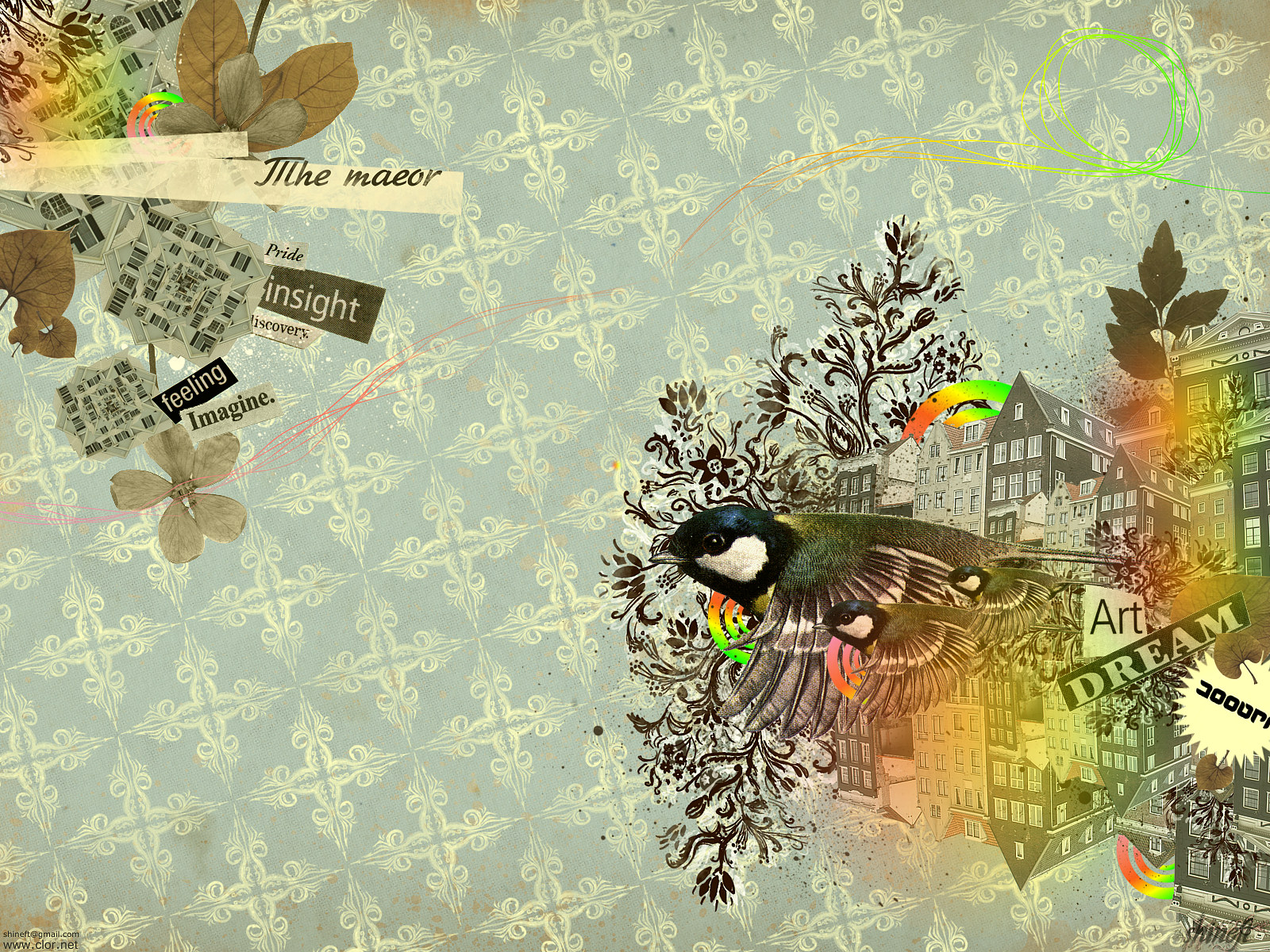 Artistic Collage with Bird and Buildings HD Wallpaper
