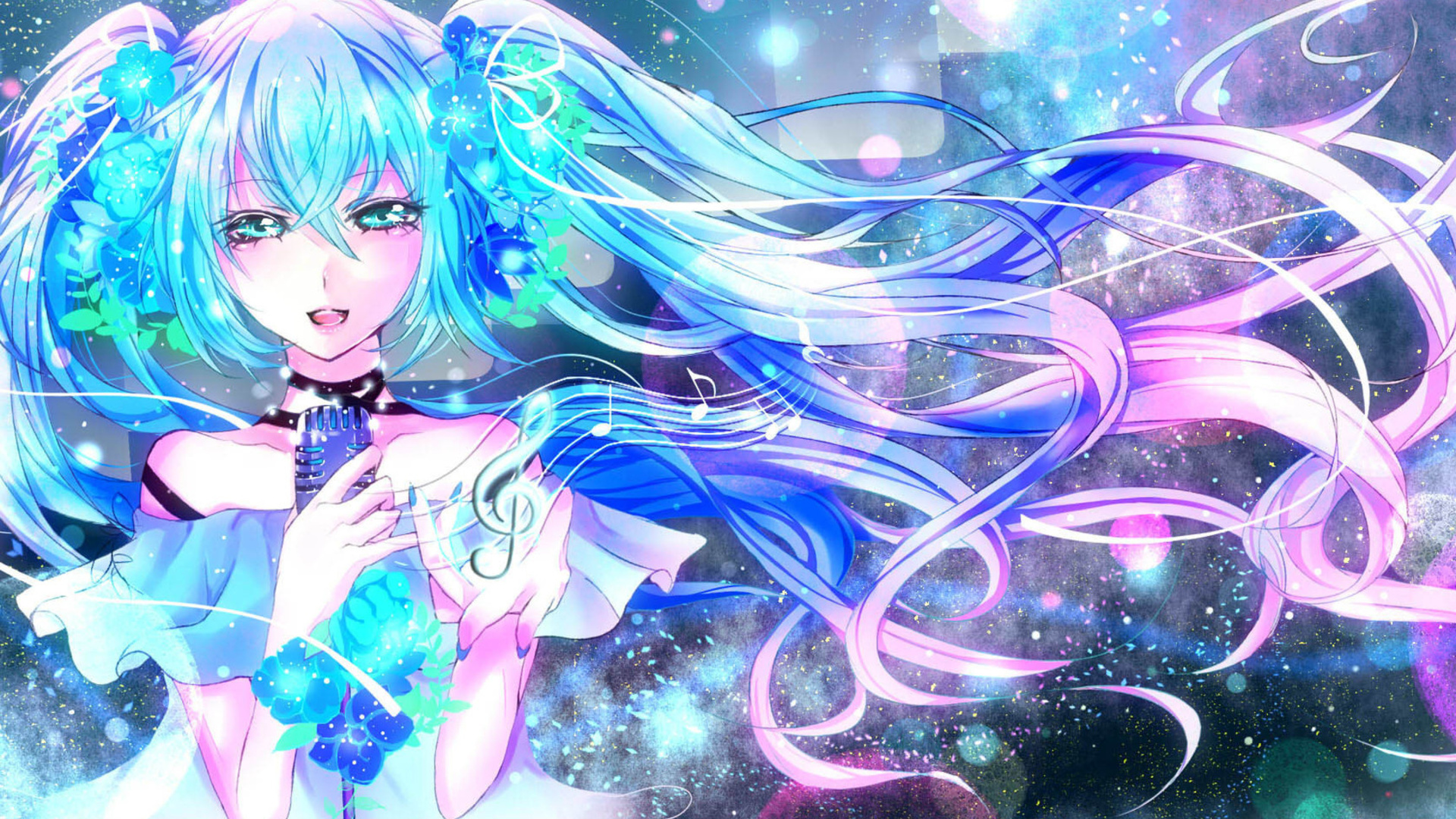Hatsune Miku singing with a microphone HD Wallpaper