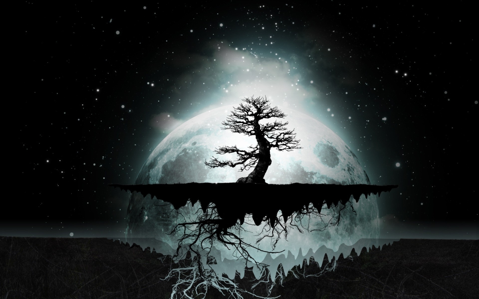 Floating island with tree under a large moon HD Wallpaper