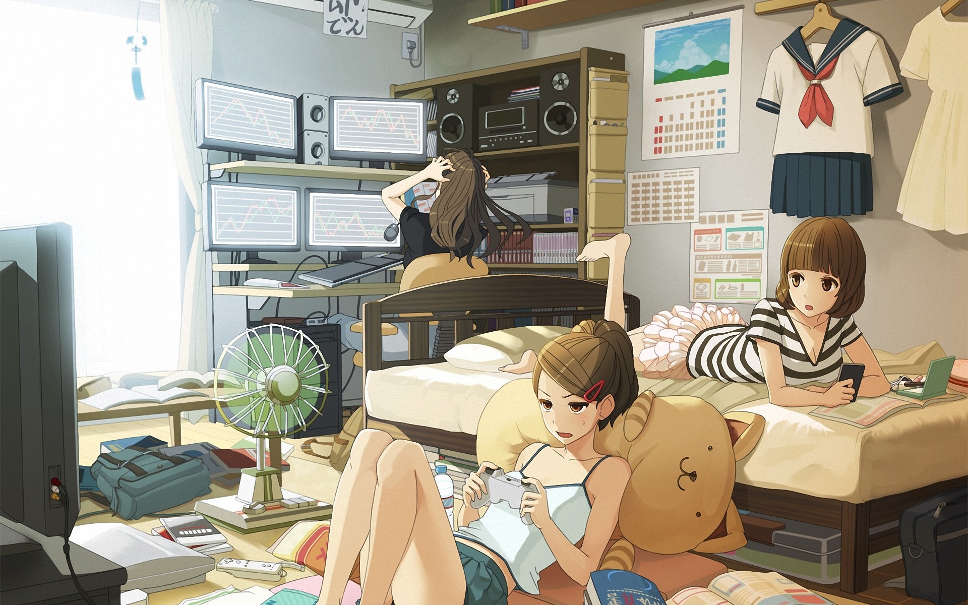 Anime girls in a messy room with computers and beds HD Wallpaper