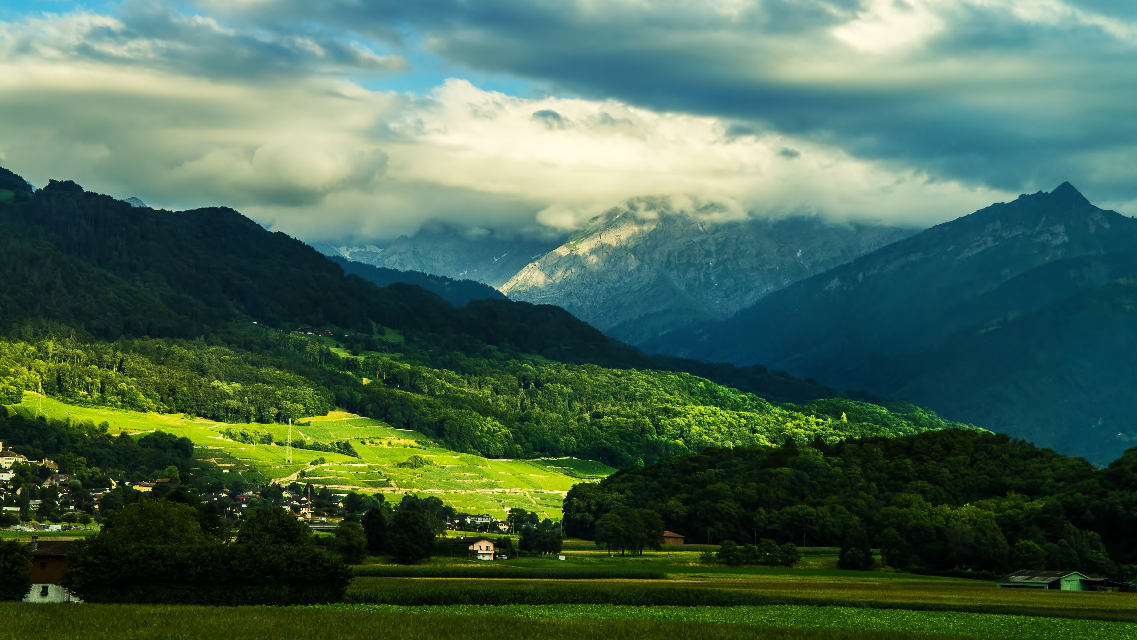 Mountain landscape with green hills and clouds HD Wallpaper