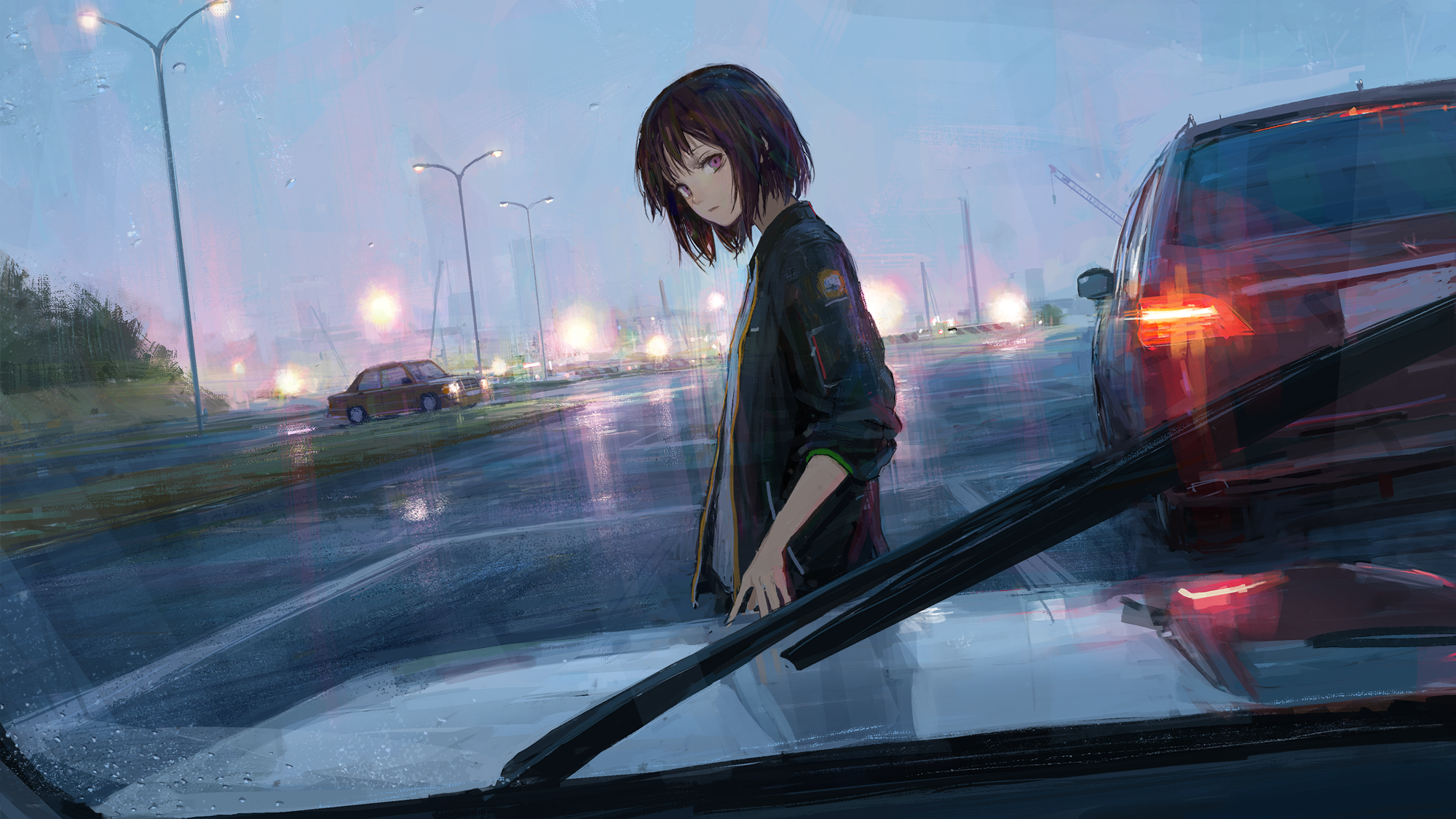Girl in the rain on a city street HD Wallpaper