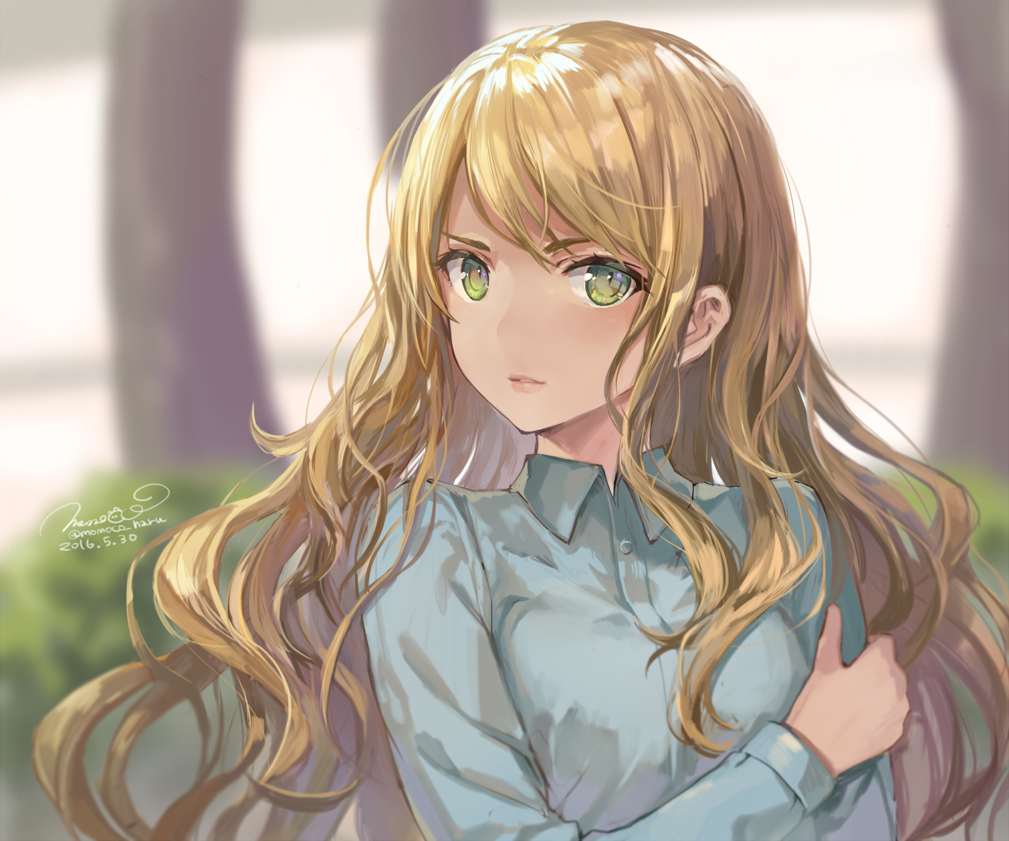Anime girl with blonde long hair and green eyes HD Wallpaper