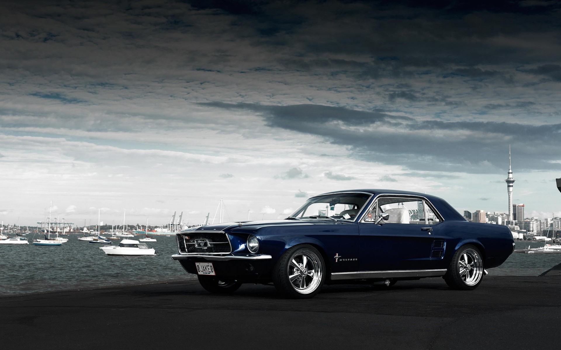 Blue 1967 Ford Mustang parked by the water HD Wallpaper