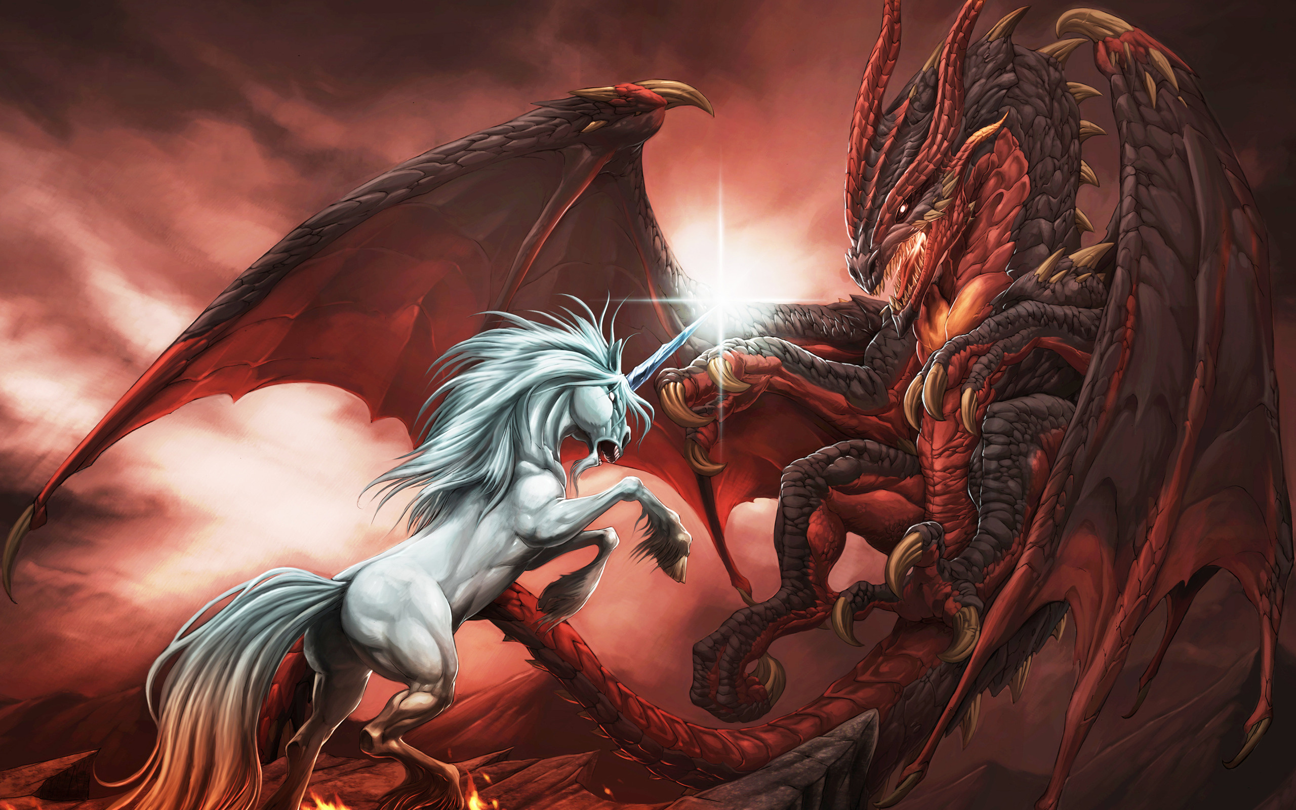 Dragon fighting a unicorn in a fantasy setting HD Wallpaper