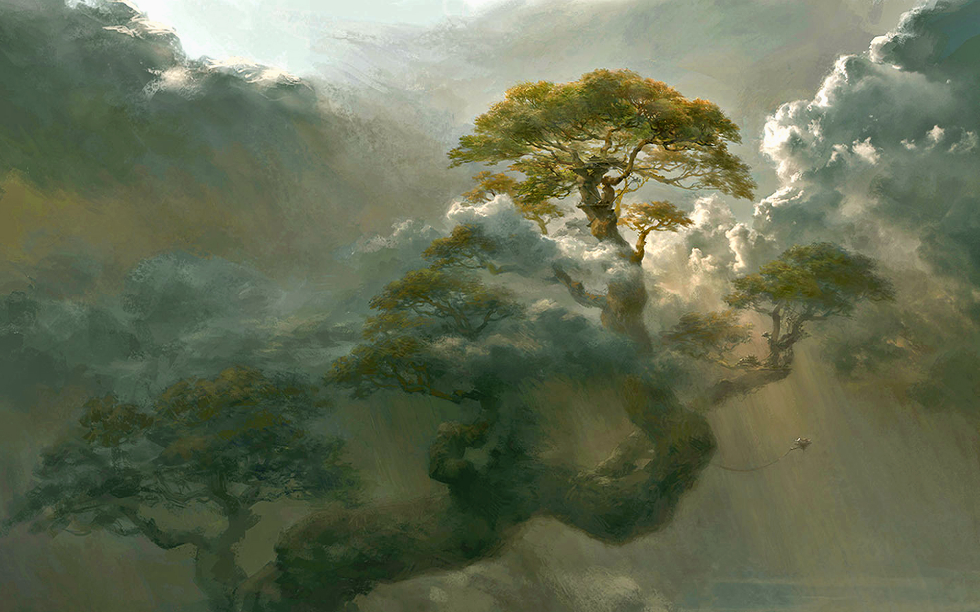 Fantasy trees among the clouds HD Wallpaper