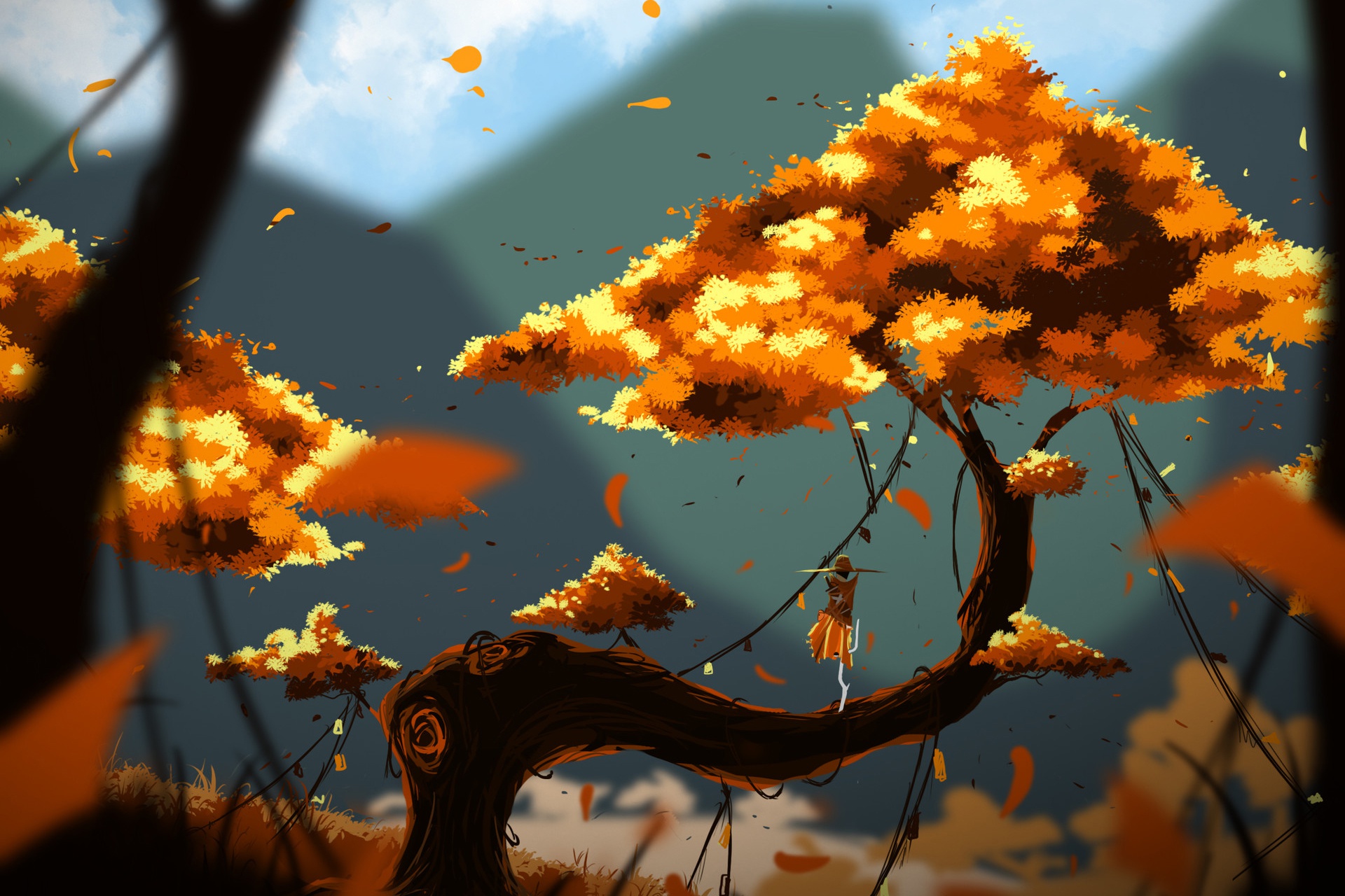 Creature on a tree in fall HD Wallpaper