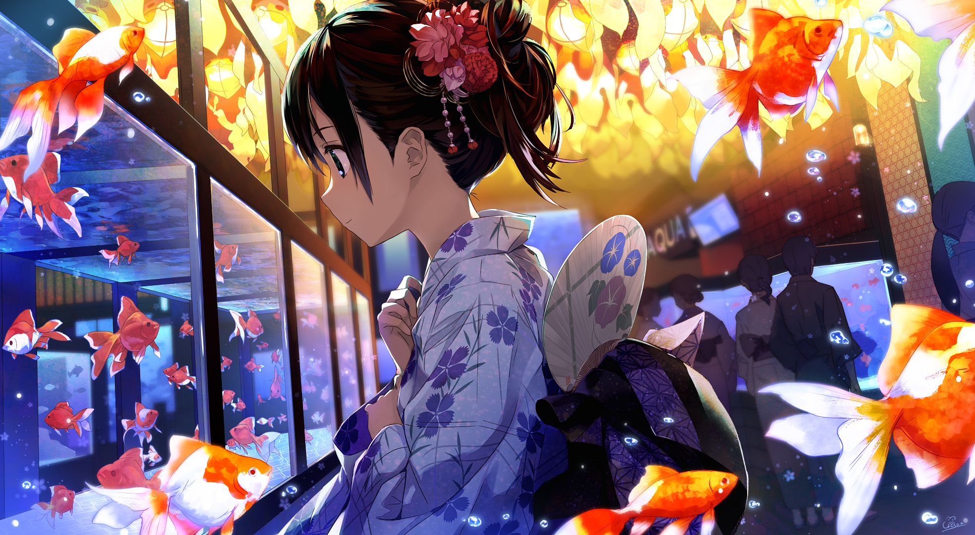 Girl in Yukata at Aquarium with Goldfish HD Wallpaper